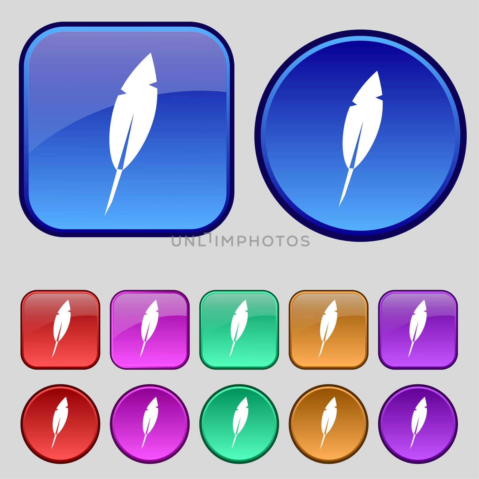 Feather sign icon. Retro pen symbol. Set of colored buttons  by serhii_lohvyniuk