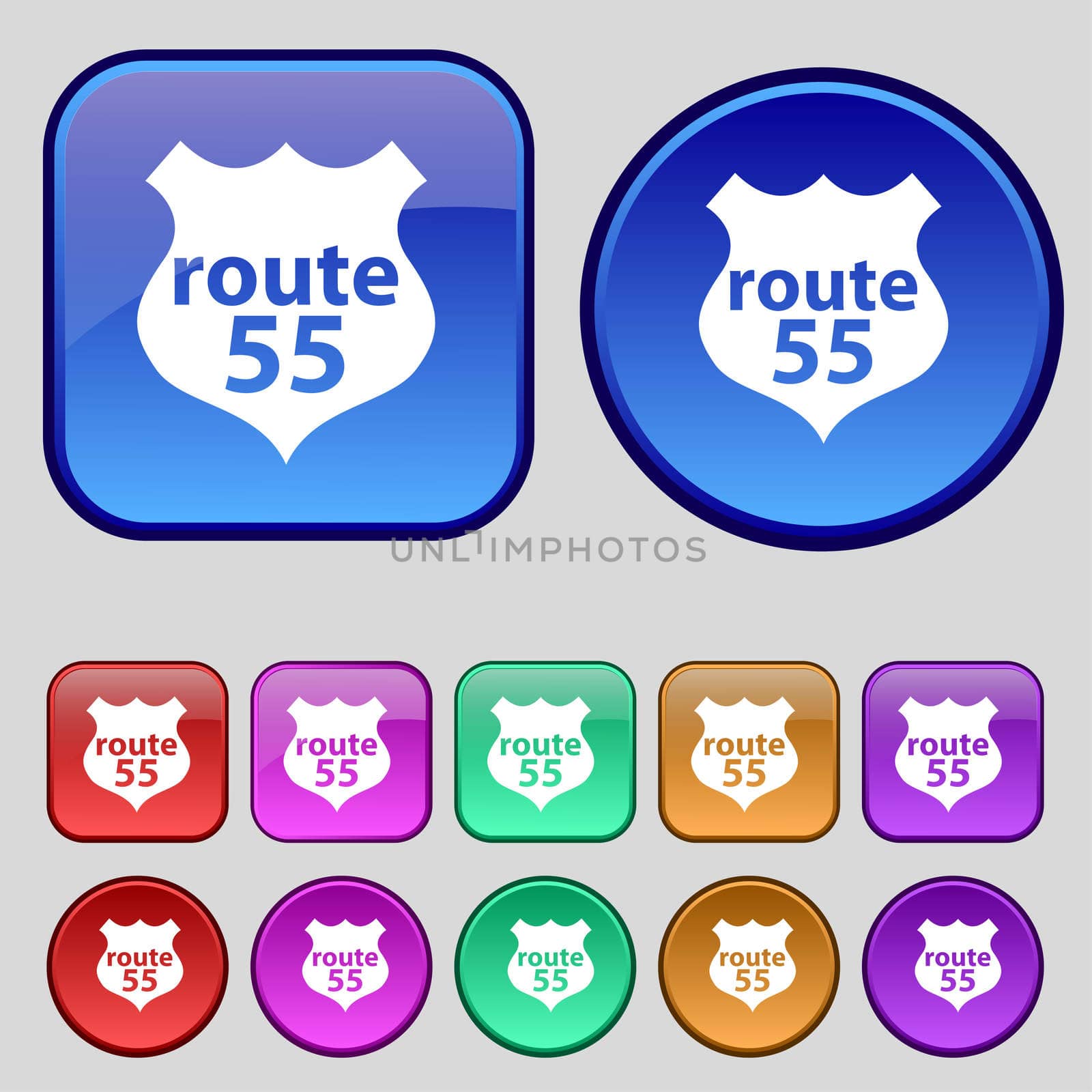 Route 55 highway icon sign. A set of twelve vintage buttons for your design.  by serhii_lohvyniuk