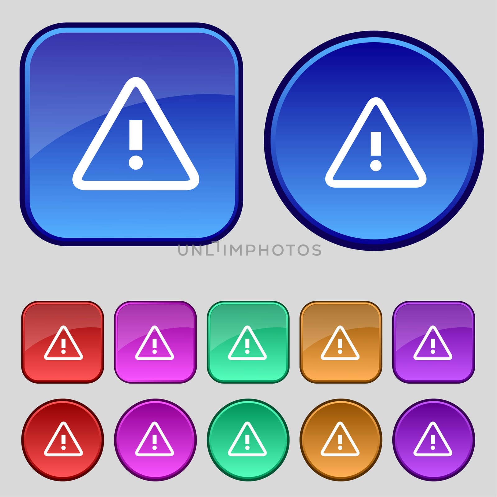 Attention caution sign icon. Exclamation mark. Hazard warning symbol. Set colour buttons illustration