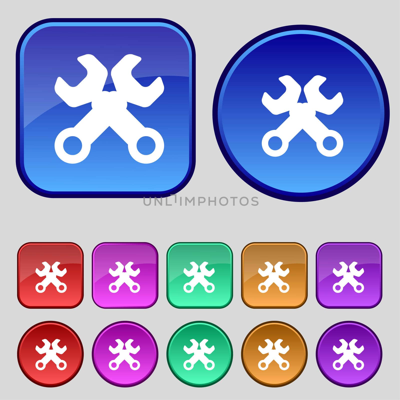 Wrench key sign icon. Service tool symbol. Set colourful buttons.  by serhii_lohvyniuk