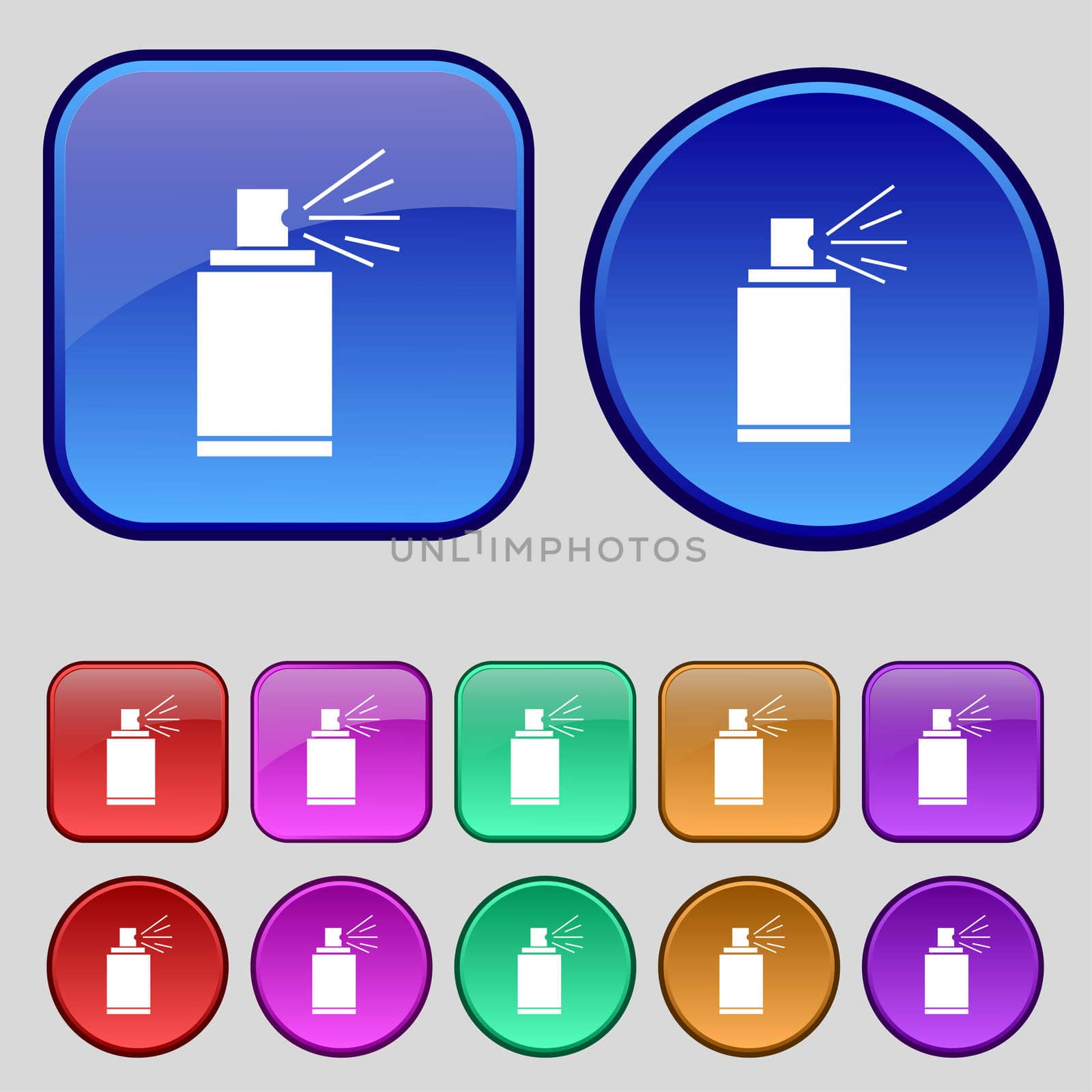 Graffiti spray can sign icon. Aerosol paint symbol. Set of colored buttons. illustration