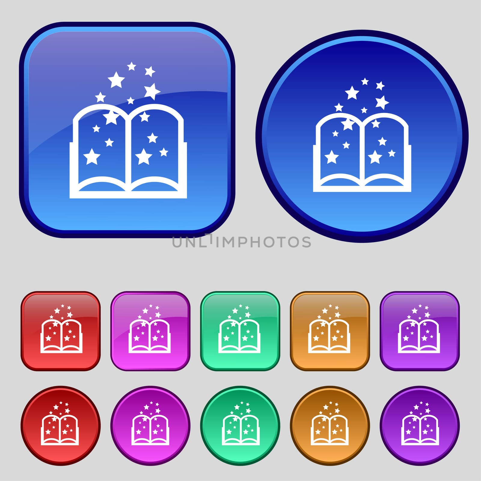 Magic Book sign icon. Open book symbol. Set of colored buttons.  by serhii_lohvyniuk