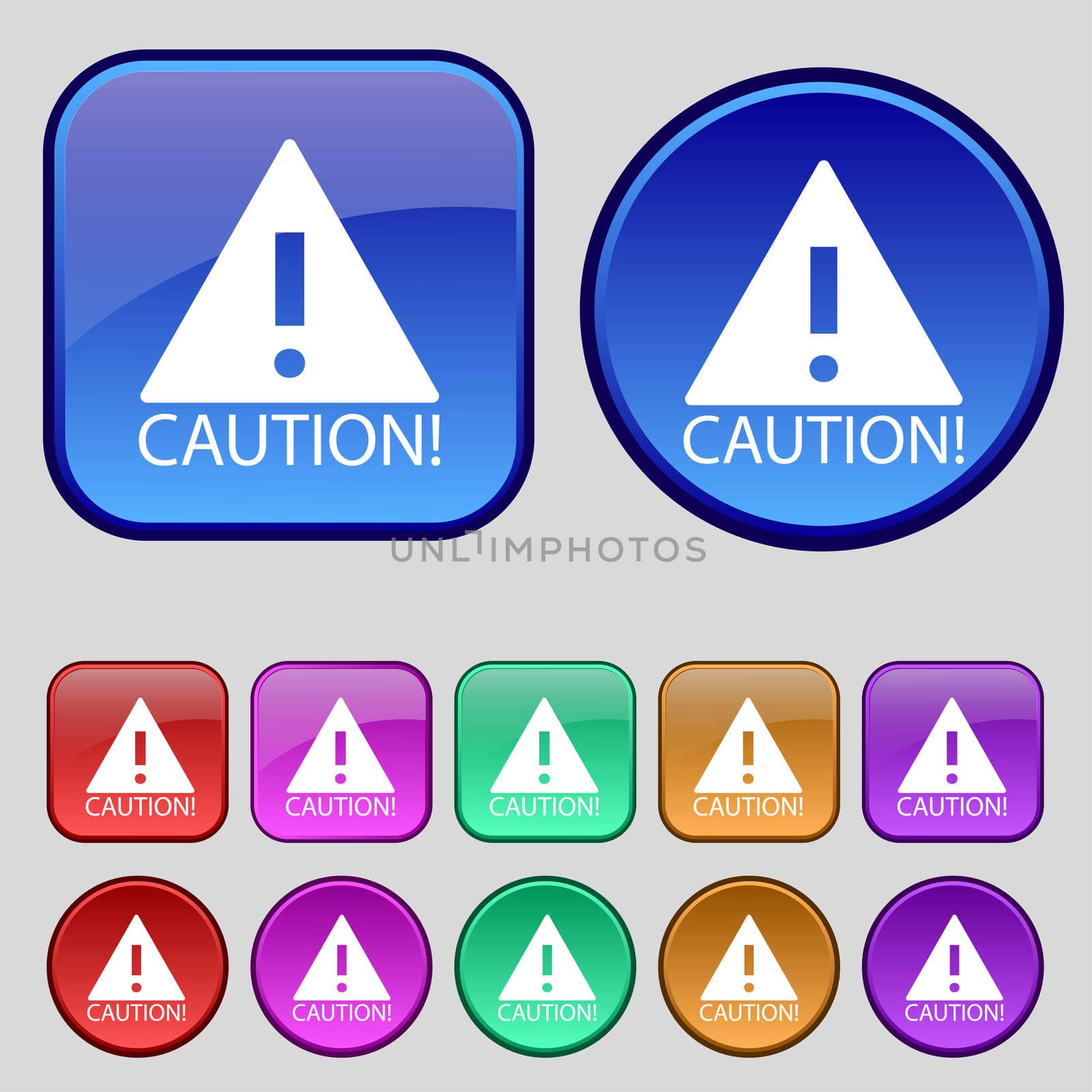 Attention caution sign icon. Exclamation mark. Hazard warning symbol. Set of colored buttons  by serhii_lohvyniuk