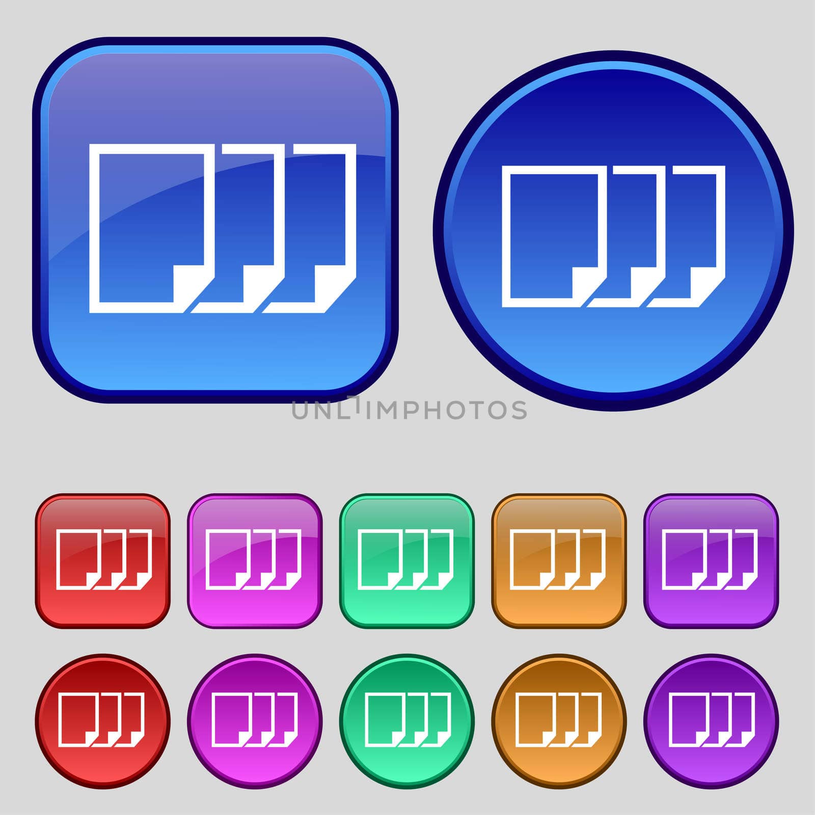 Copy file sign icon. Duplicate document symbol. Set of colored buttons. illustration