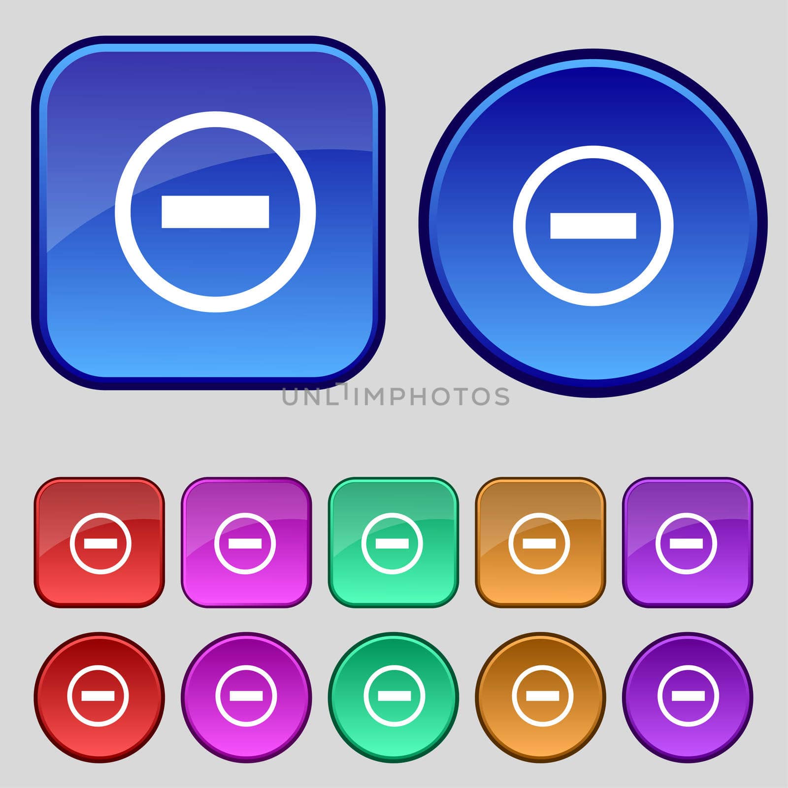 Minus sign icon. Negative symbol. Zoom out. Set colourful buttons.  by serhii_lohvyniuk