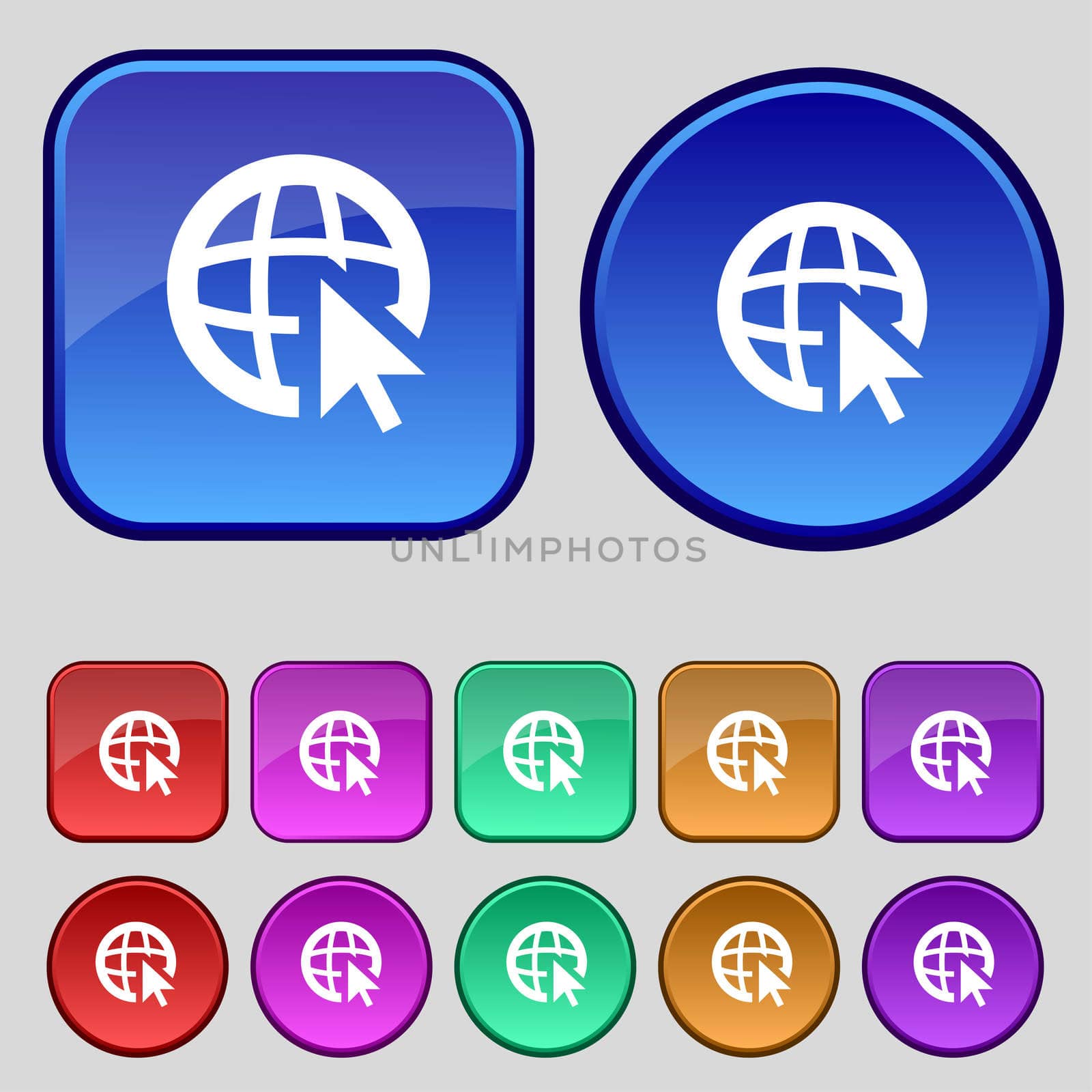 Internet sign icon. World wide web symbol. Cursor pointer. Set colour buttons illustration