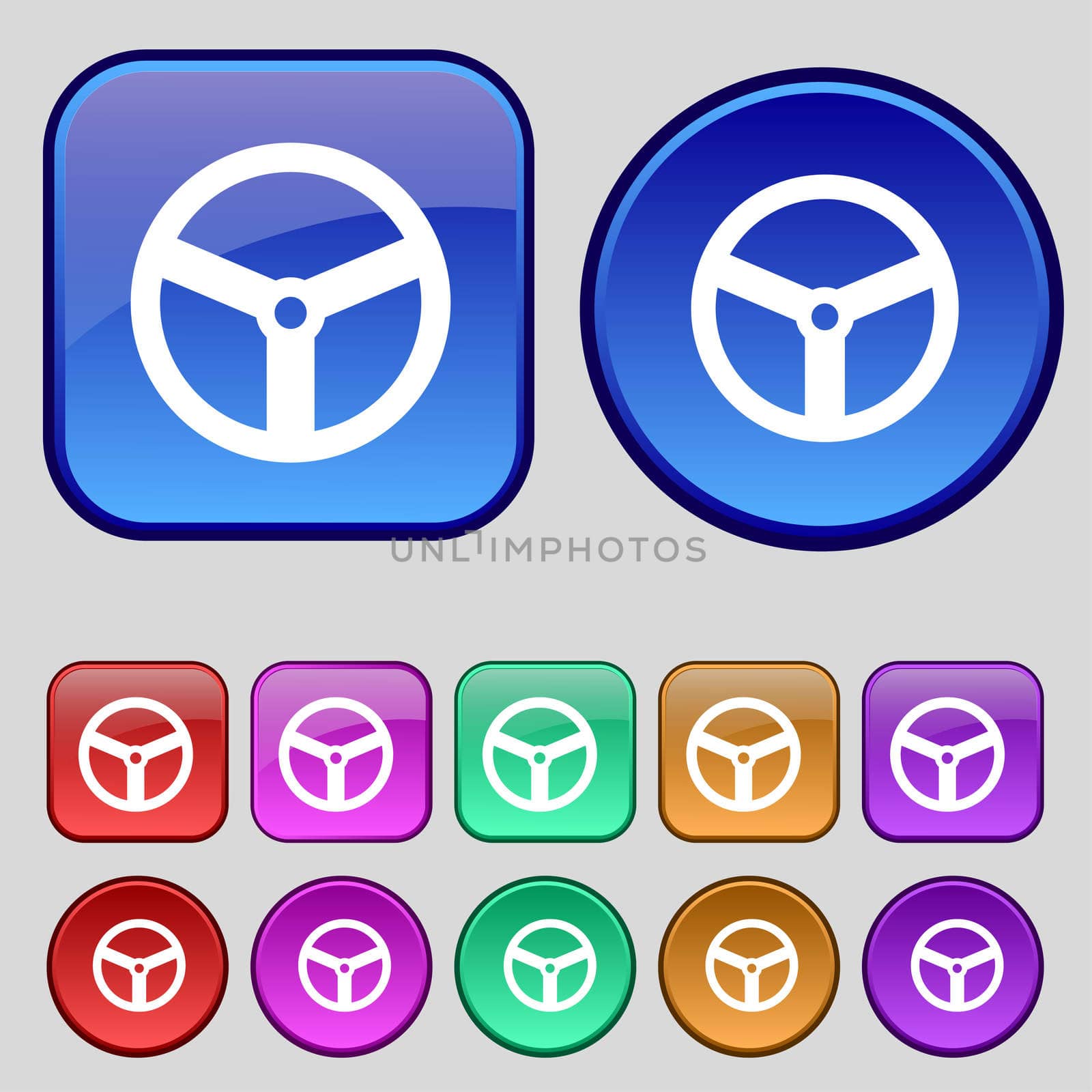 Steering wheel icon sign. A set of twelve vintage buttons for your design. illustration