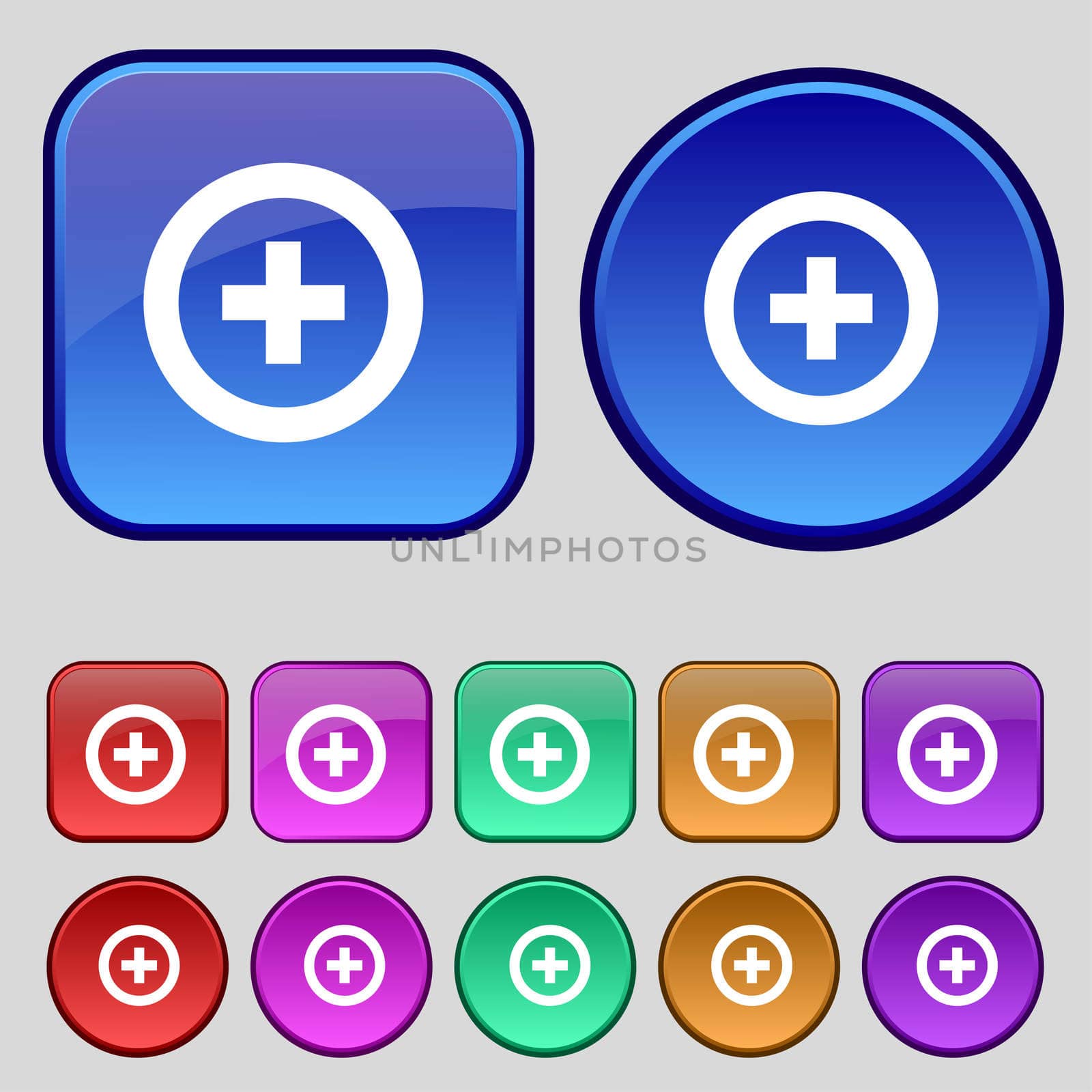 Plus, Positive icon sign. A set of twelve vintage buttons for your design. illustration