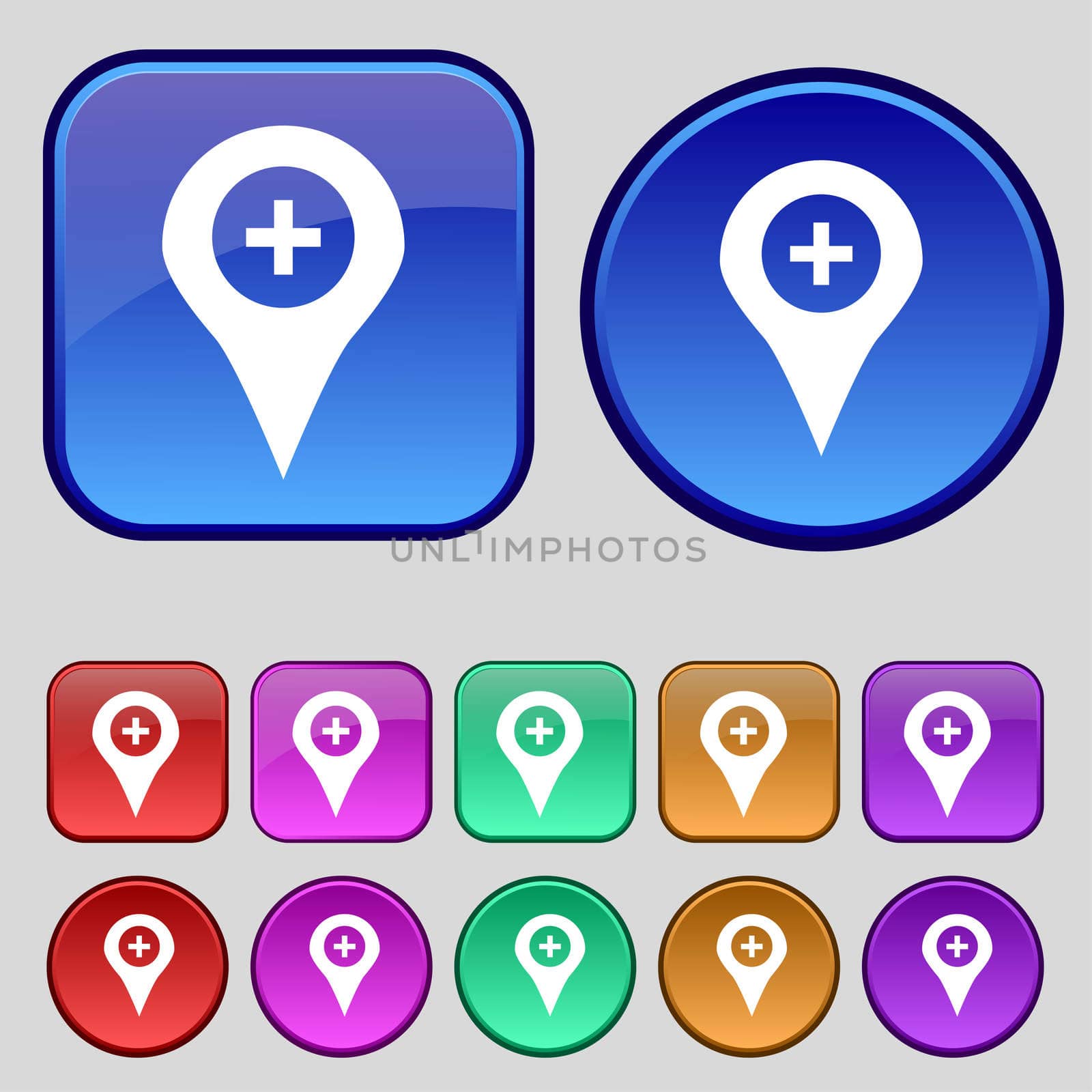 Plus Map pointer, GPS location icon sign. A set of twelve vintage buttons for your design.  by serhii_lohvyniuk