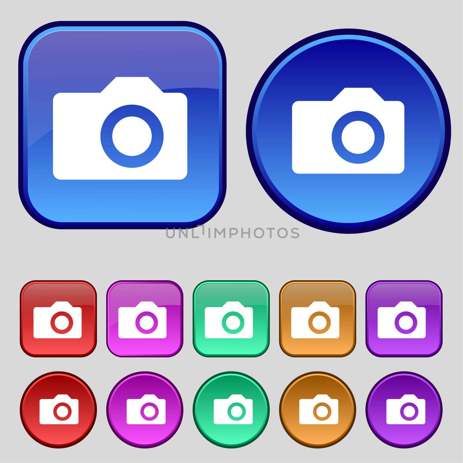 Digital photo camera icon sign. A set of twelve vintage buttons for your design. illustration
