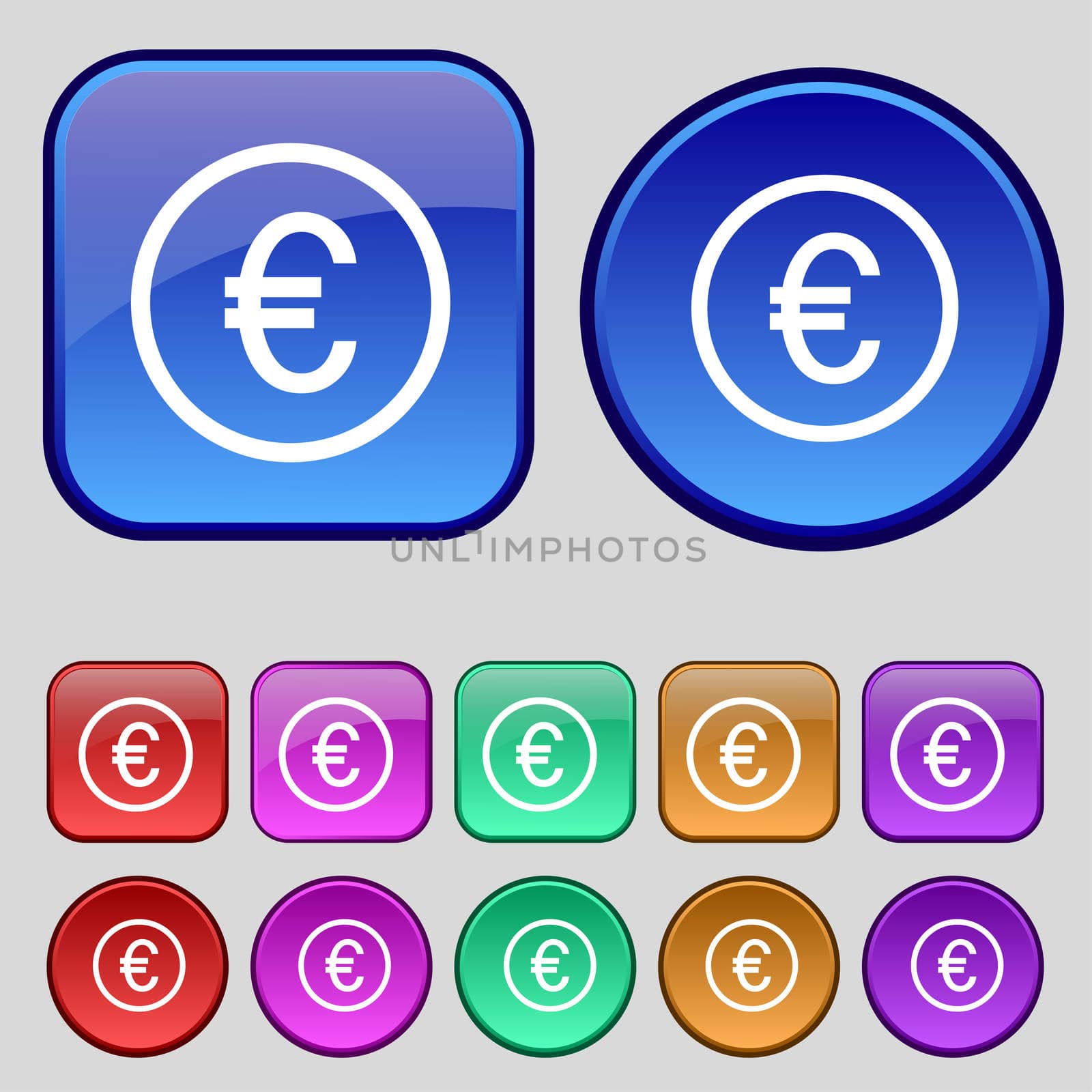 Euro icon sign. A set of twelve vintage buttons for your design. illustration