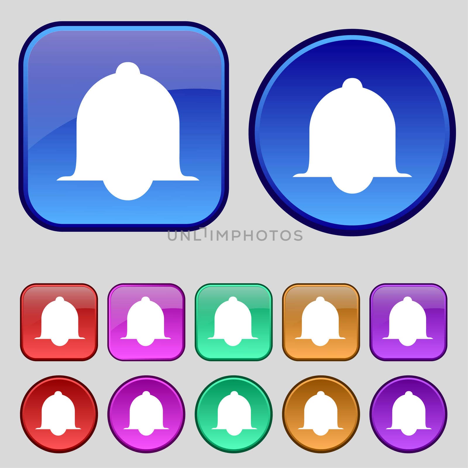 Alarm bell sign icon. Wake up alarm symbol. Speech bubbles information icons. Set of colourful buttons illustration