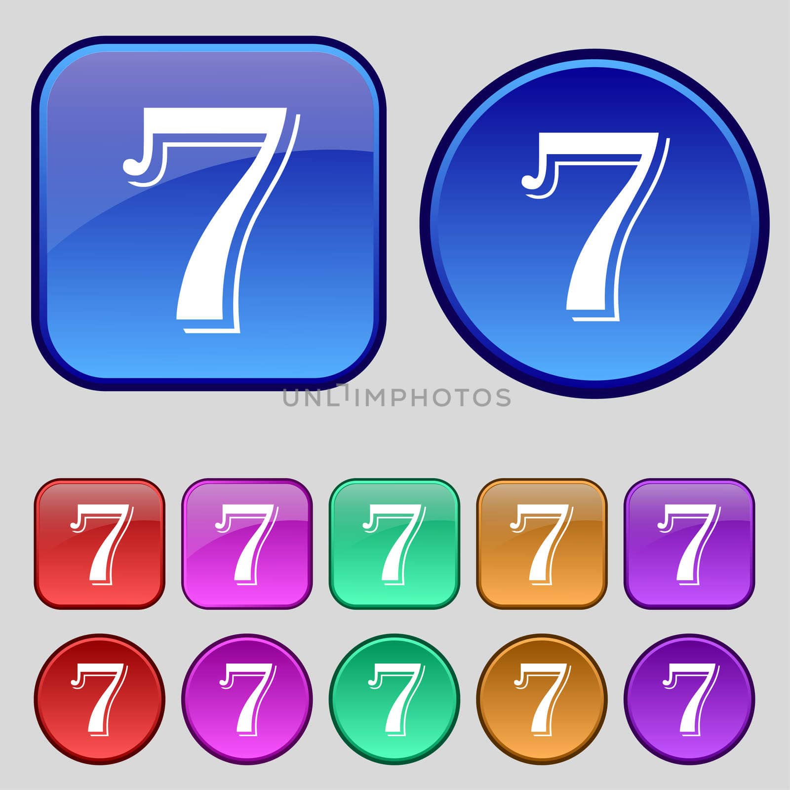 number seven icon sign. Set of coloured buttons. illustration
