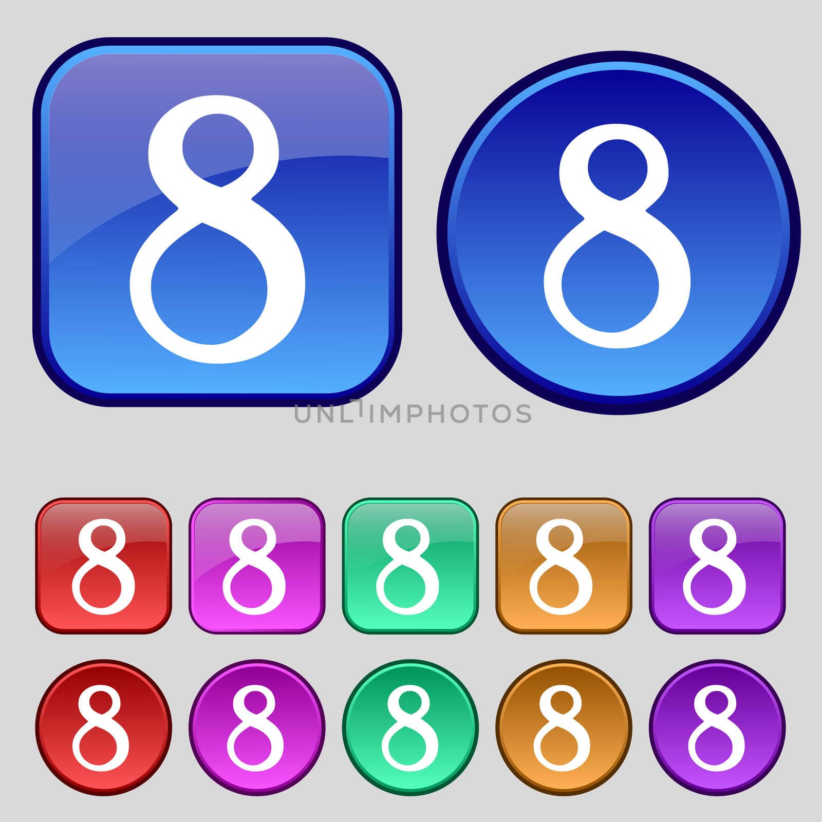 number Eight icon sign. Set of coloured buttons. illustration