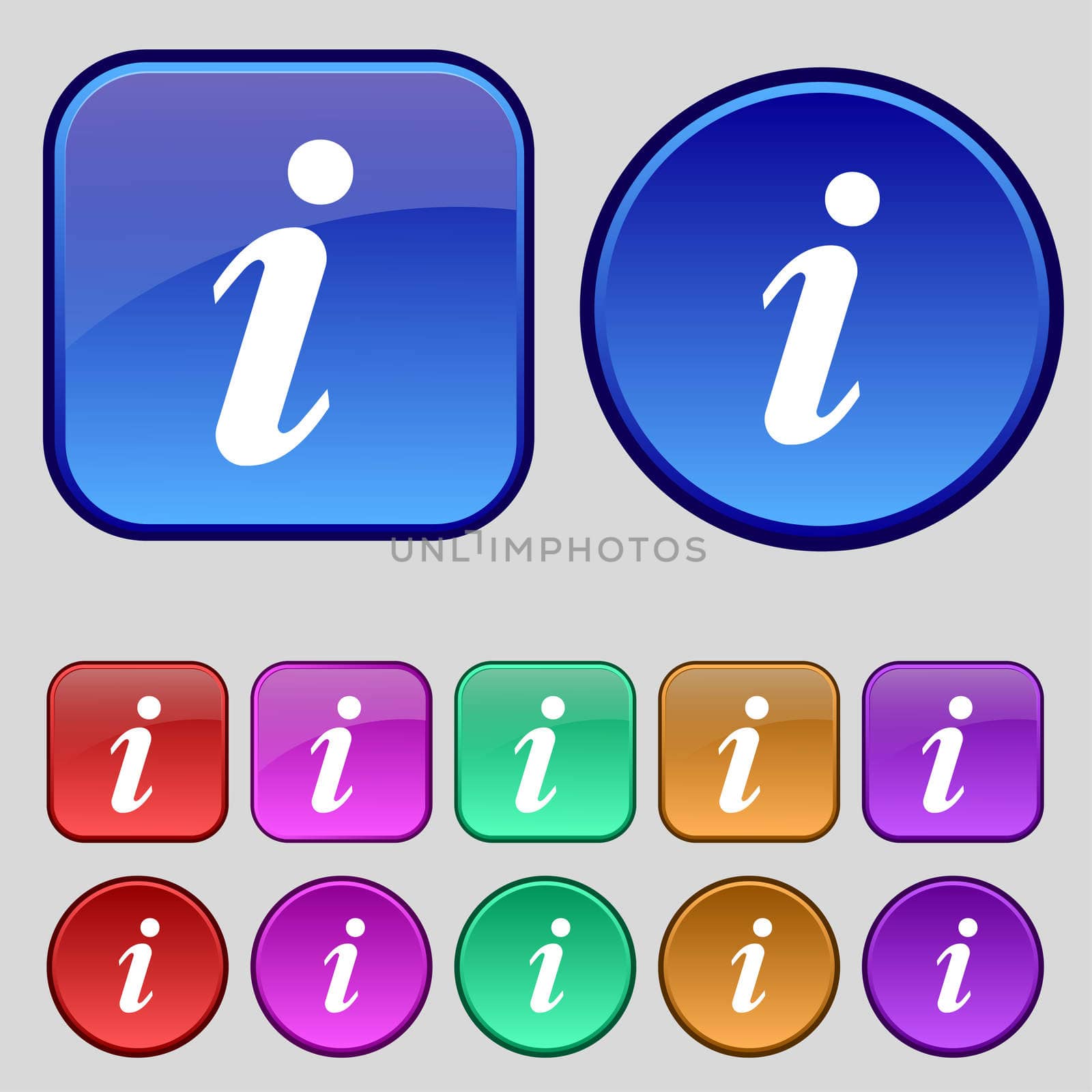 Information, Info icon sign. A set of twelve vintage buttons for your design. illustration