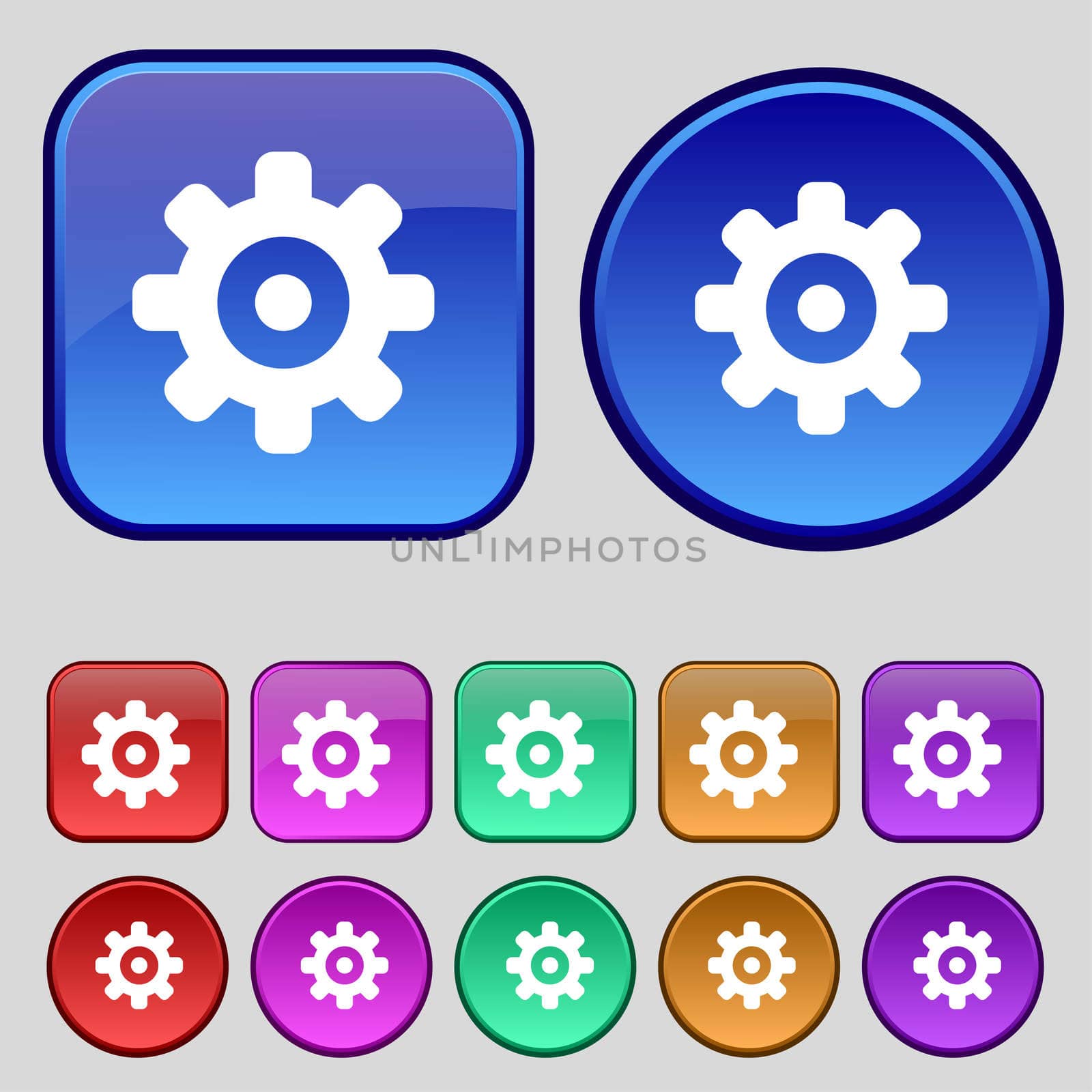 Cog settings, Cogwheel gear mechanism icon sign. A set of twelve vintage buttons for your design. illustration