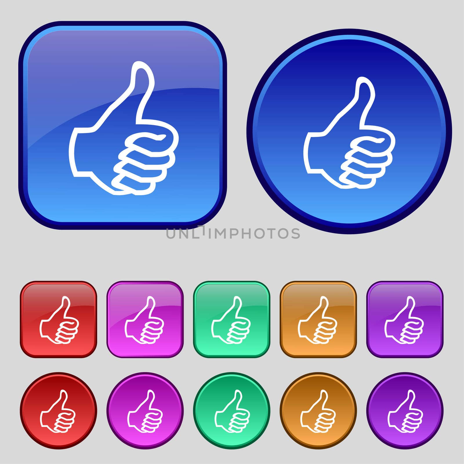 Like sign icon. Thumb up symbol. Hand finger-up. Set of colored buttons.  by serhii_lohvyniuk