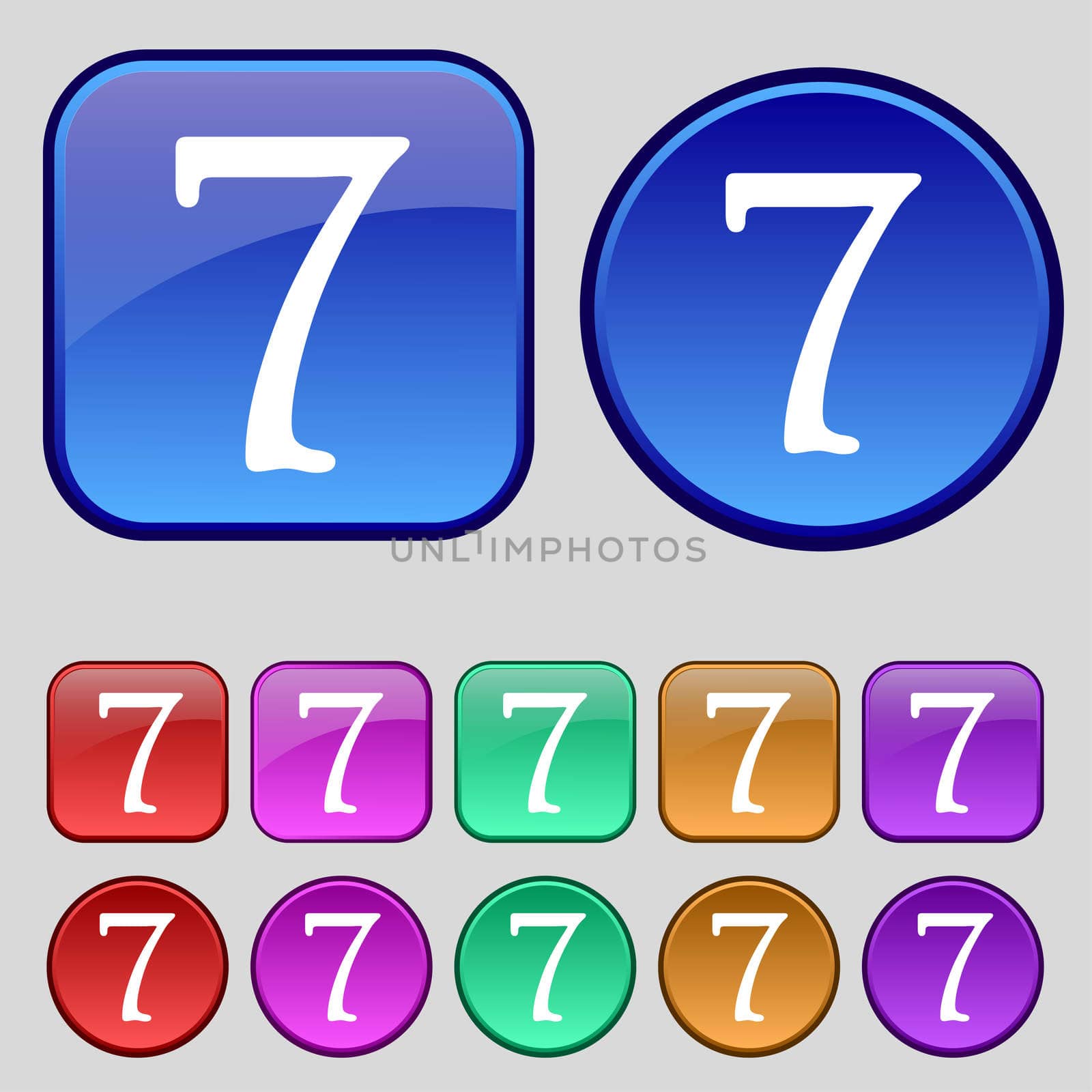 number seven icon sign. Set of coloured buttons.  by serhii_lohvyniuk