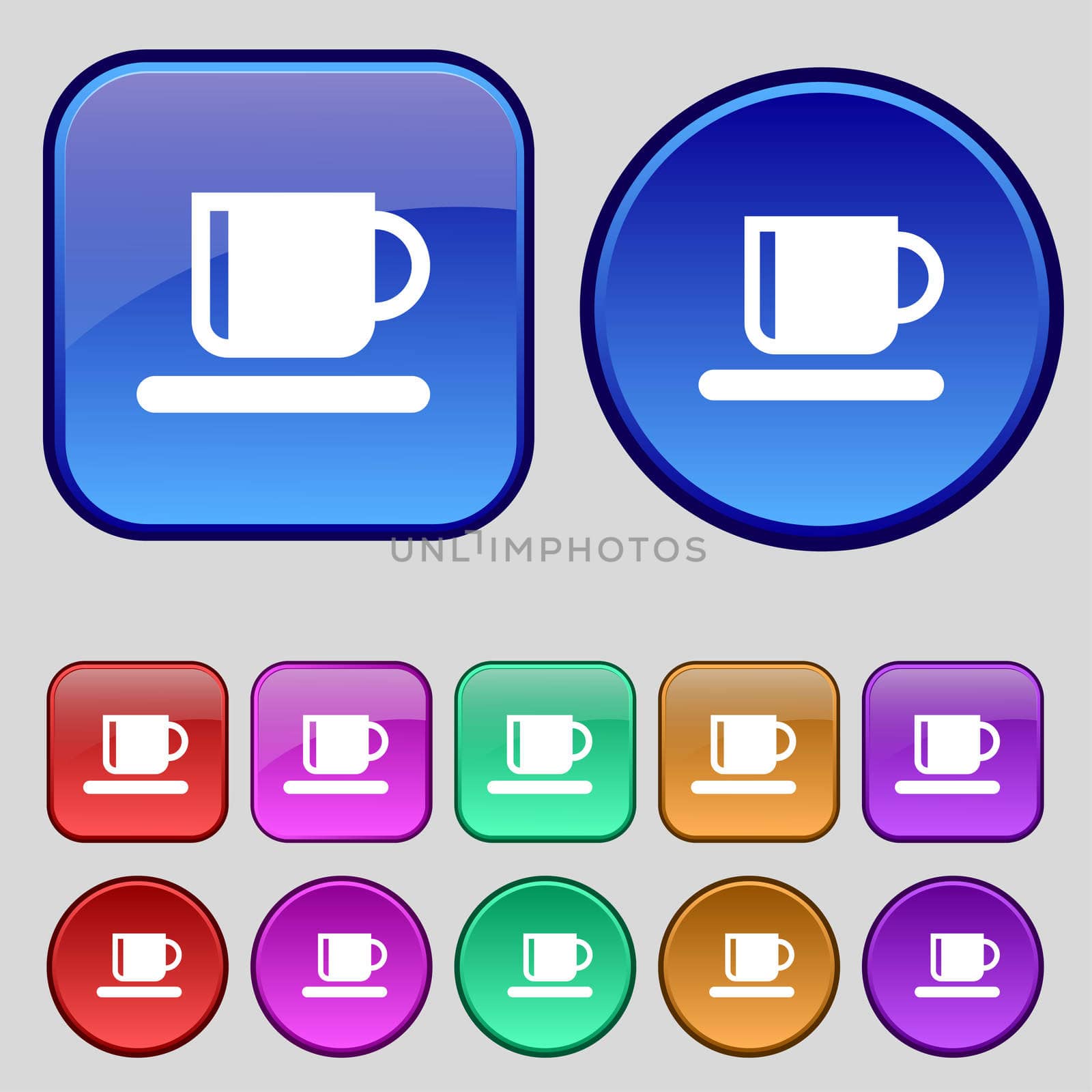 Coffee cup icon sign. A set of twelve vintage buttons for your design. illustration