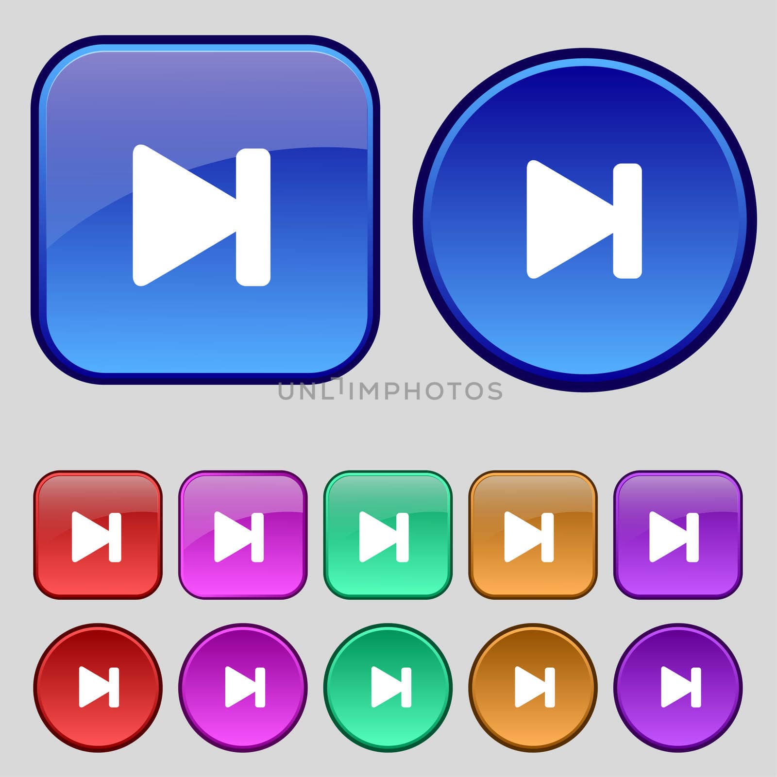 next track icon sign. A set of twelve vintage buttons for your design. illustration