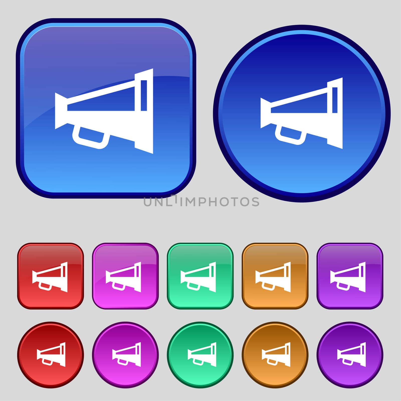 Megaphone soon, Loudspeaker icon sign. A set of twelve vintage buttons for your design. illustration