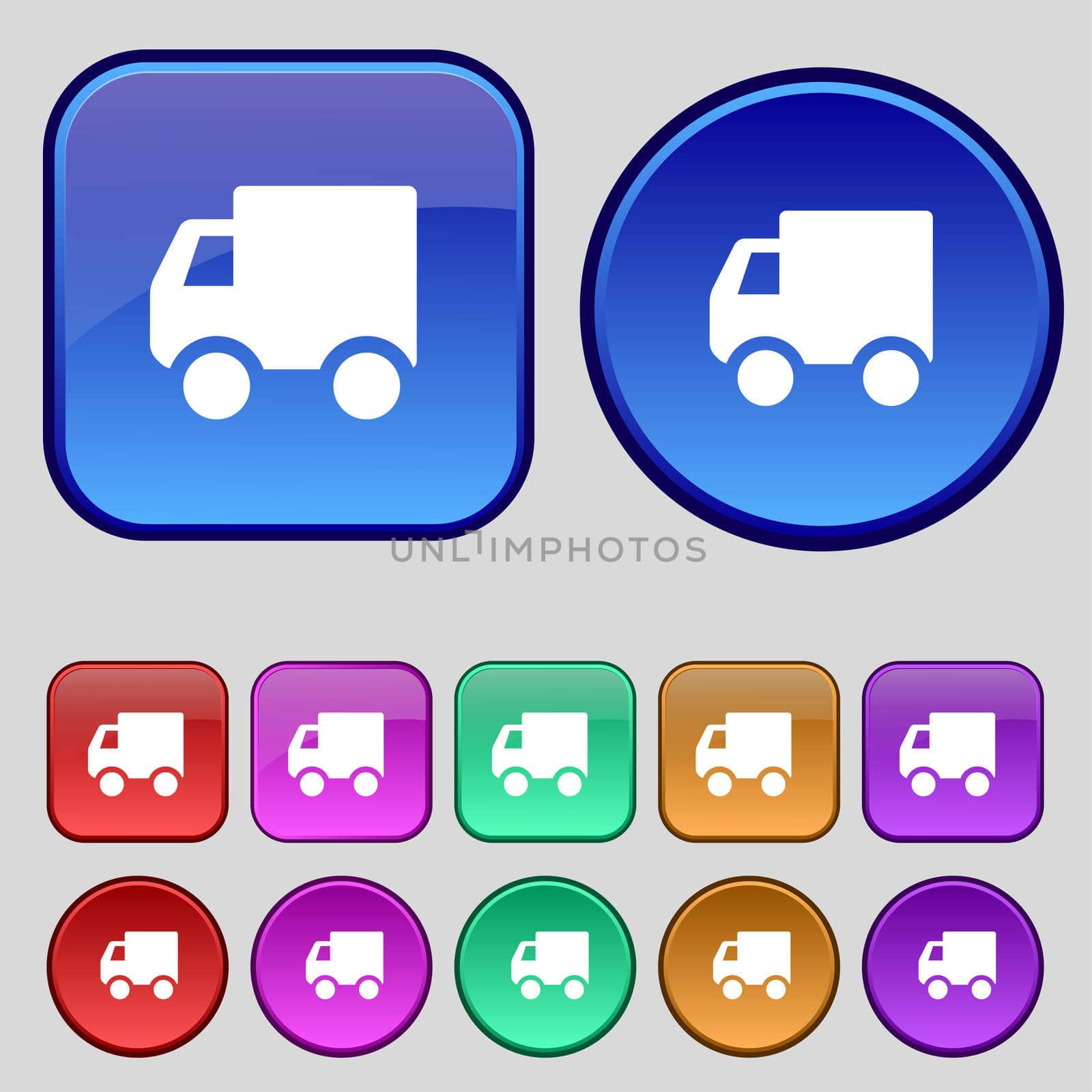 Delivery truck icon sign. A set of twelve vintage buttons for your design. illustration