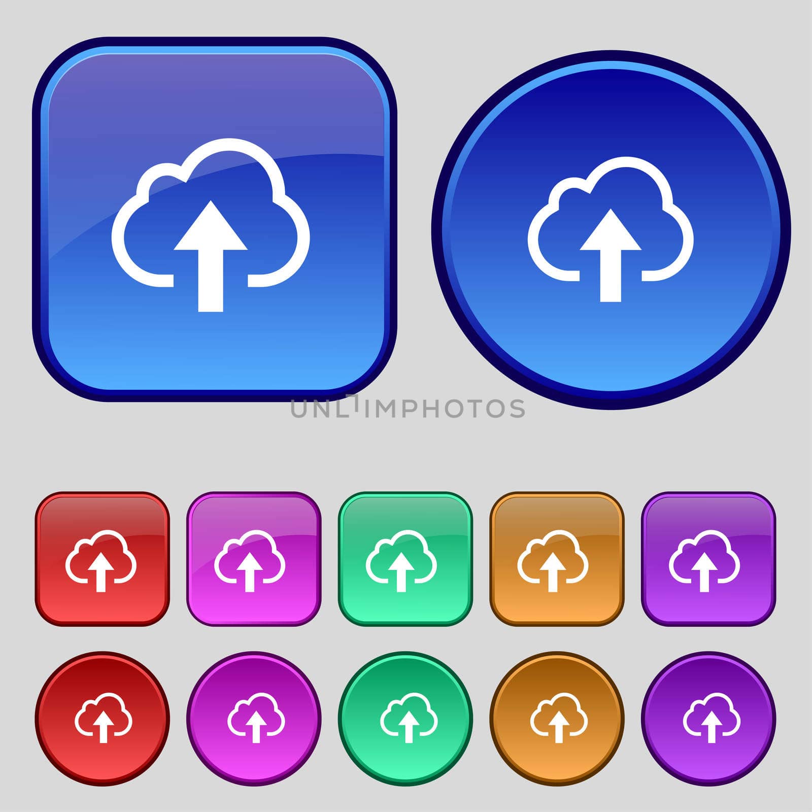 Upload from cloud icon sign. A set of twelve vintage buttons for your design. illustration