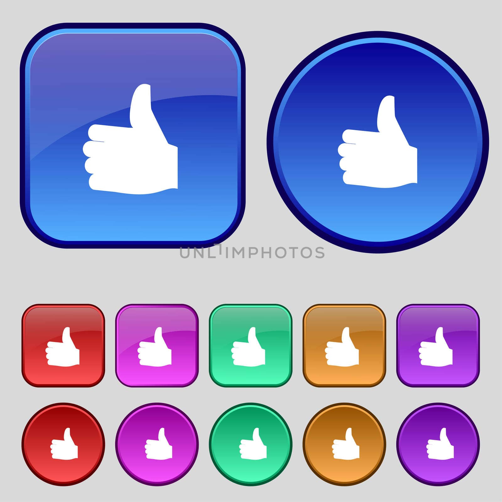 Like, Thumb up icon sign. A set of twelve vintage buttons for your design.  by serhii_lohvyniuk