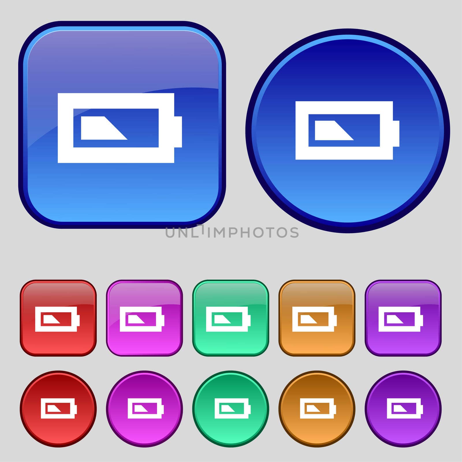 Battery half level icon sign. A set of twelve vintage buttons for your design. illustration