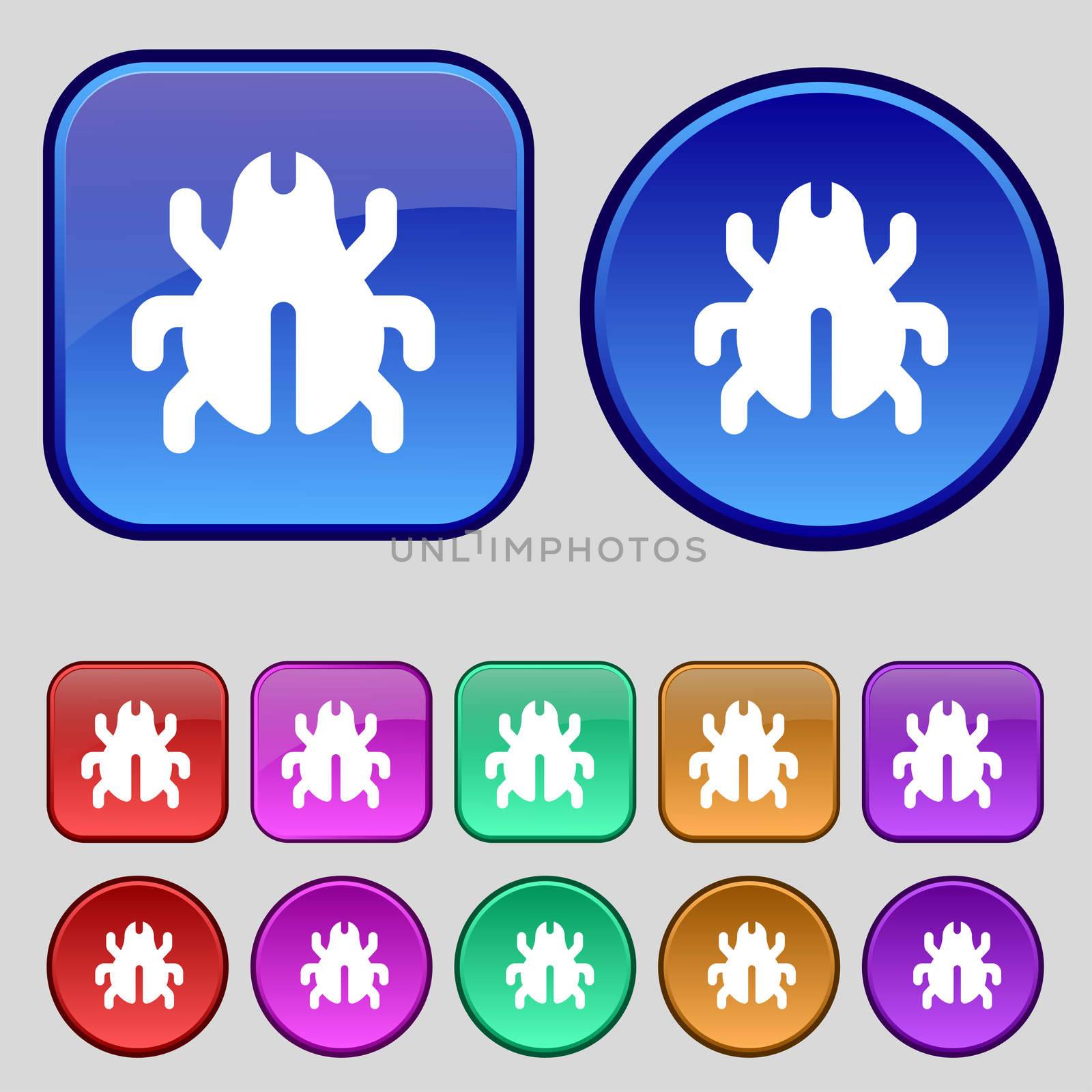 Software Bug, Virus, Disinfection, beetle icon sign. A set of twelve vintage buttons for your design. illustration