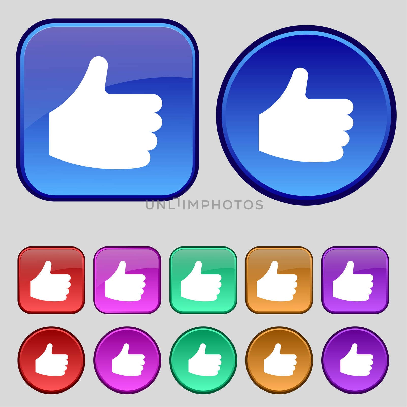 Like, Thumb up icon sign. A set of twelve vintage buttons for your design. illustration