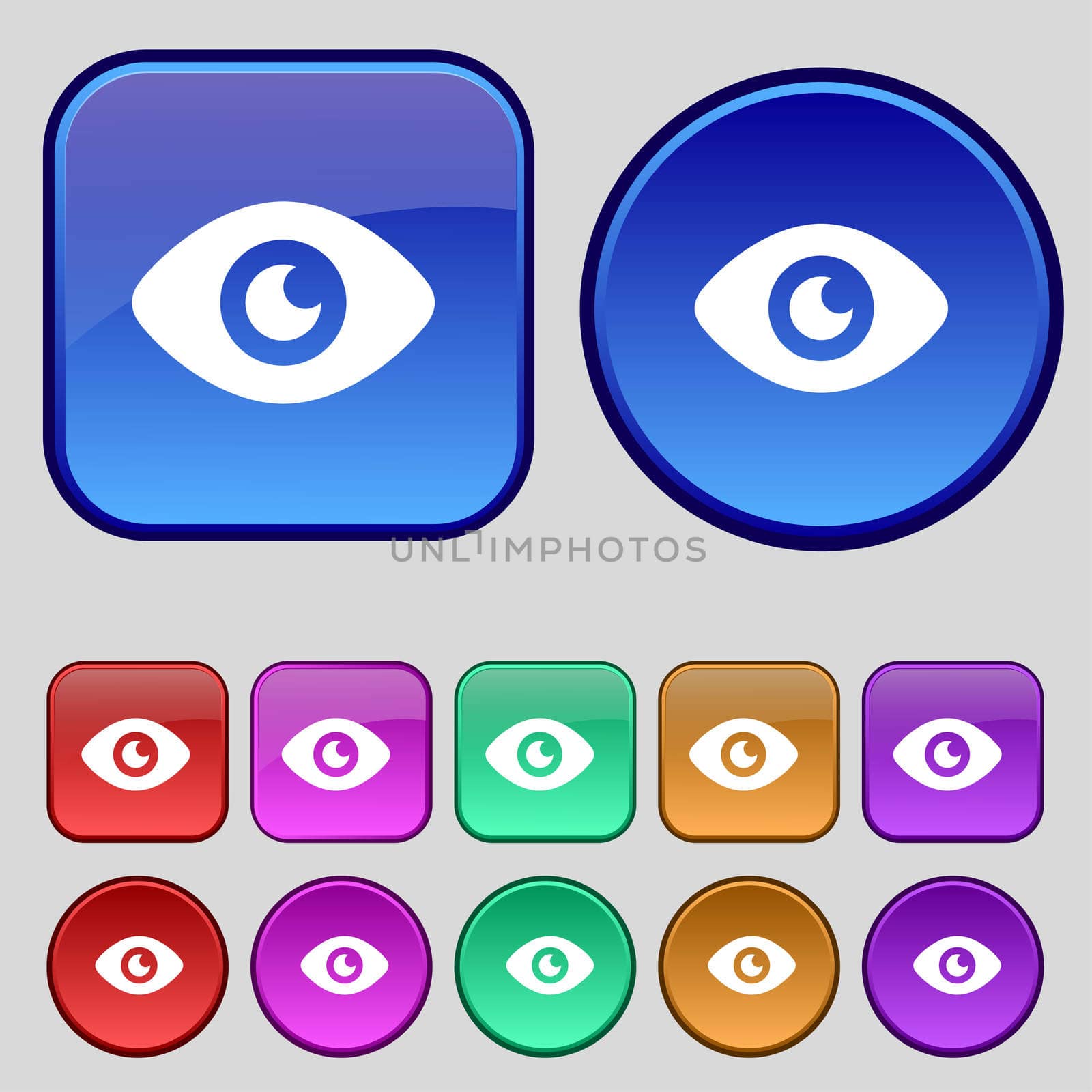 Eye, Publish content icon sign. A set of twelve vintage buttons for your design. illustration