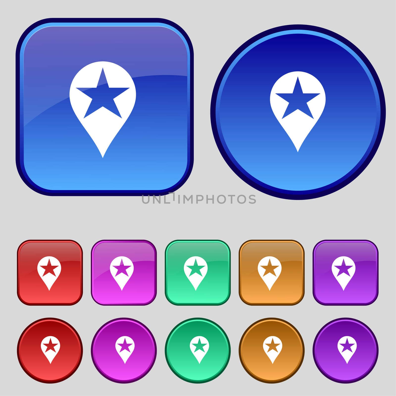 Map pointer award, GPS location icon sign. A set of twelve vintage buttons for your design. illustration