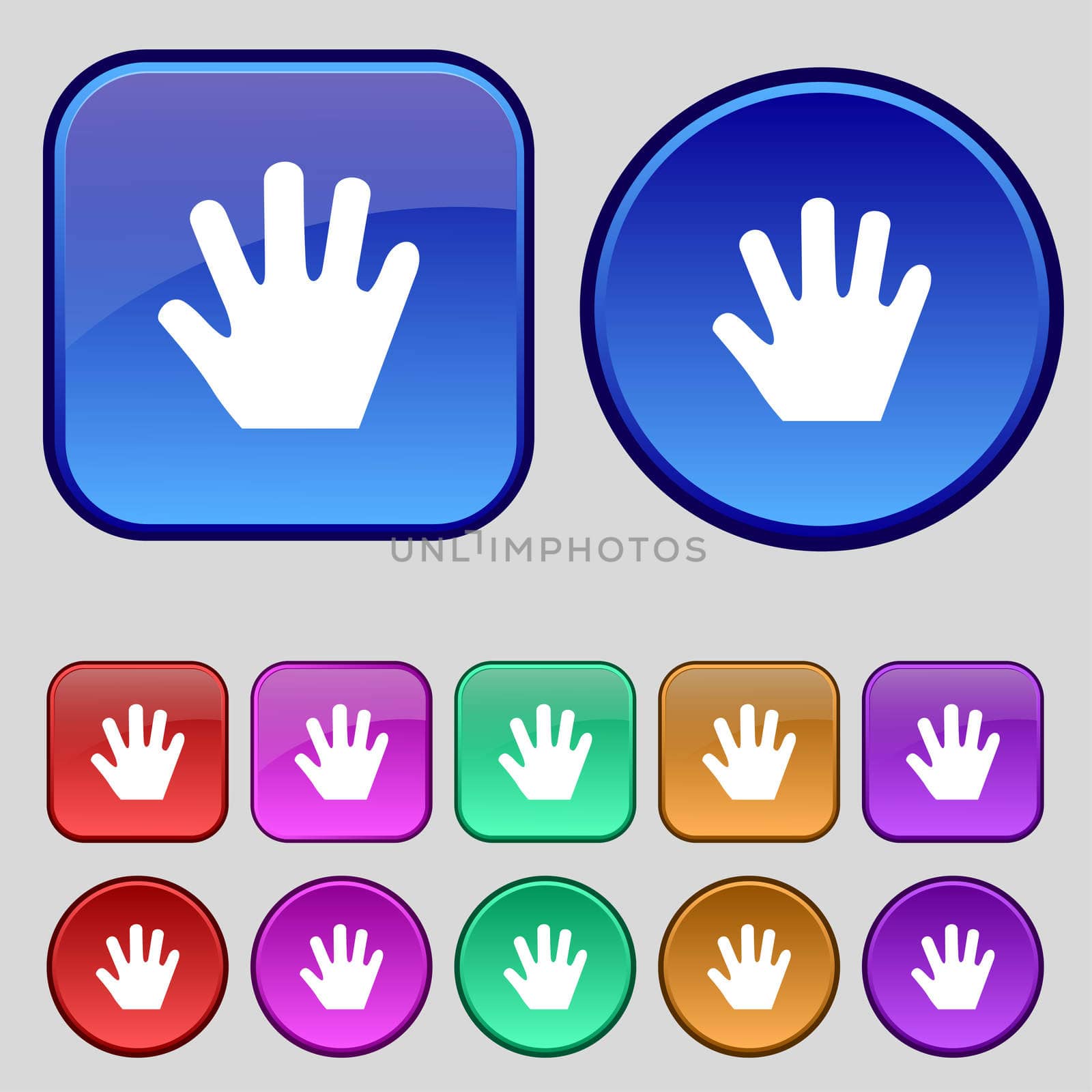 Hand icon sign. A set of twelve vintage buttons for your design. illustration