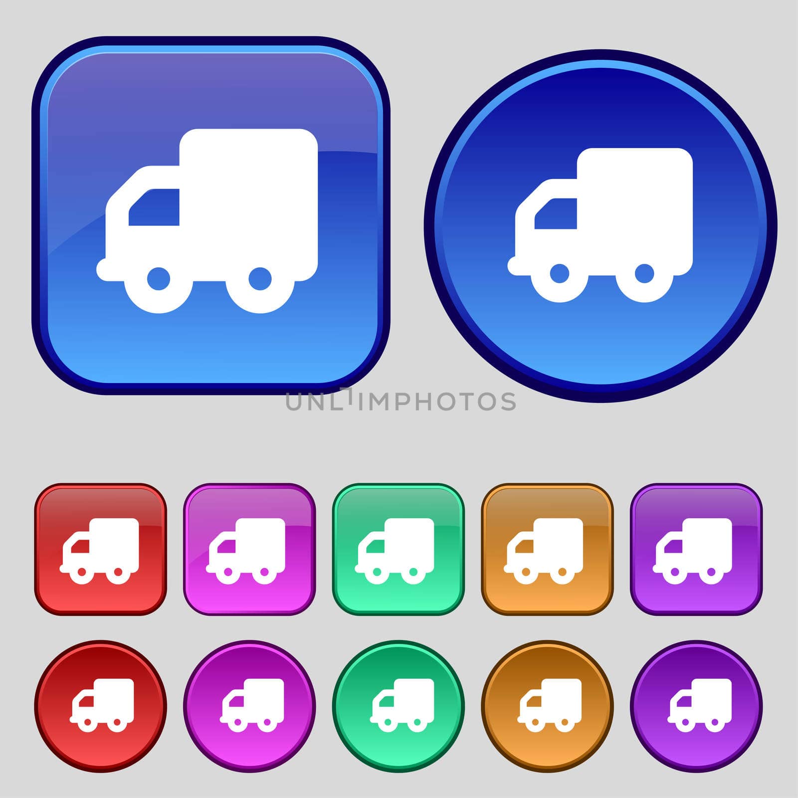 Delivery truck icon sign. A set of twelve vintage buttons for your design.  by serhii_lohvyniuk