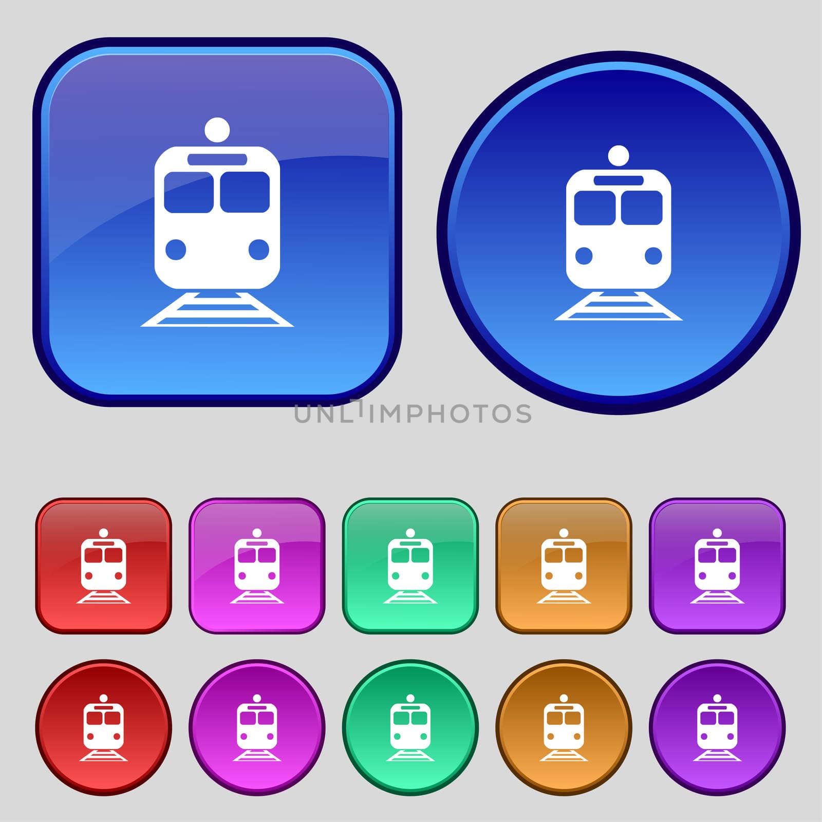 train icon sign. A set of twelve vintage buttons for your design. illustration
