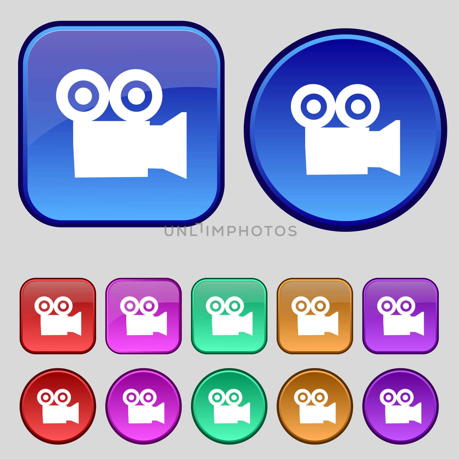 video camera icon sign. A set of twelve vintage buttons for your design. illustration
