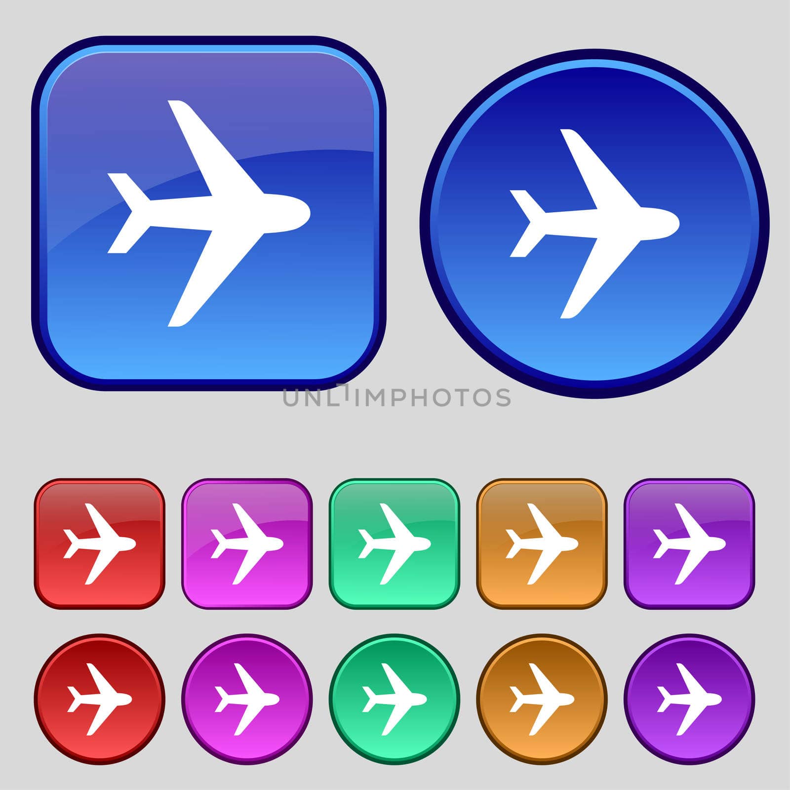 Plane icon sign. A set of twelve vintage buttons for your design. illustration