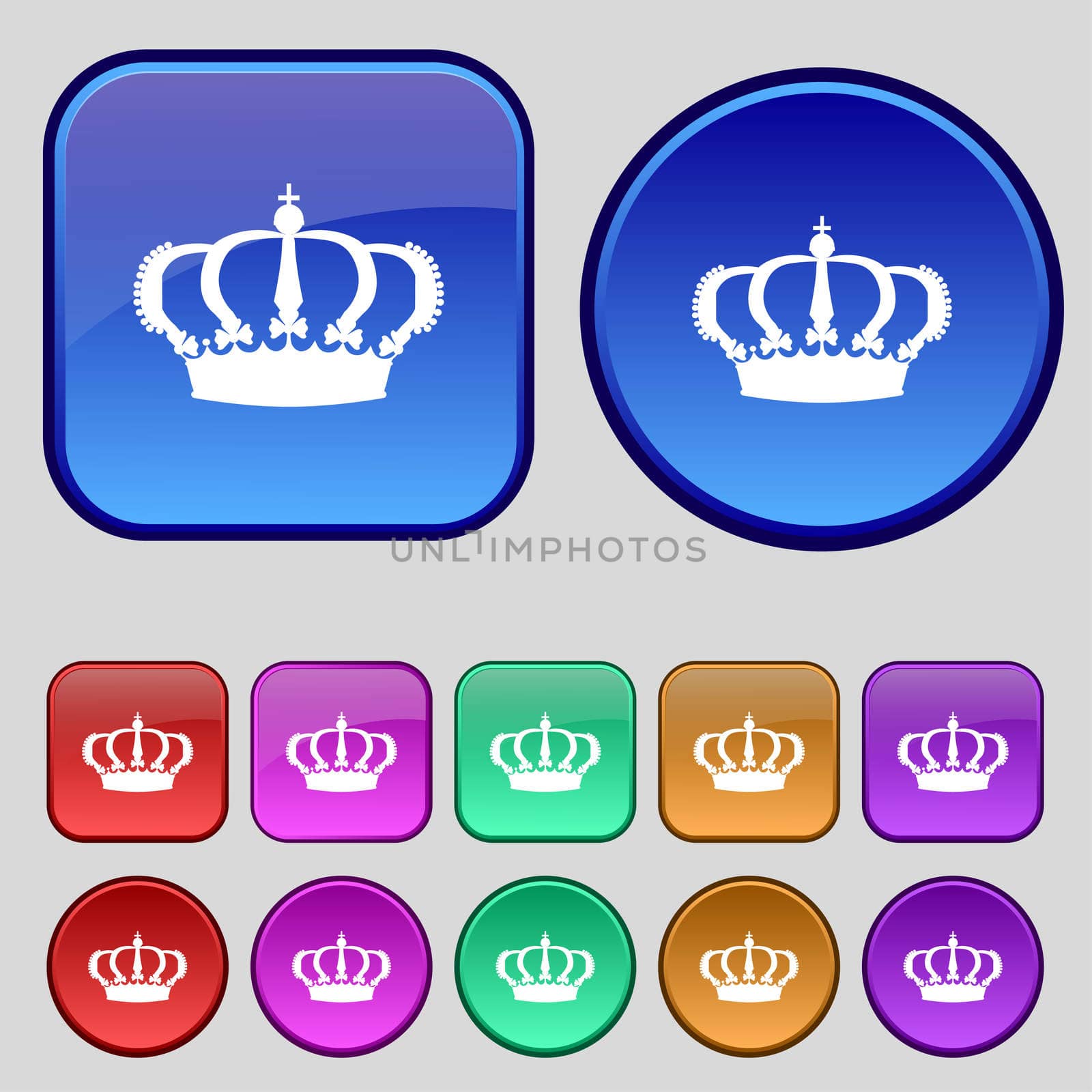 Crown icon sign. A set of twelve vintage buttons for your design. illustration