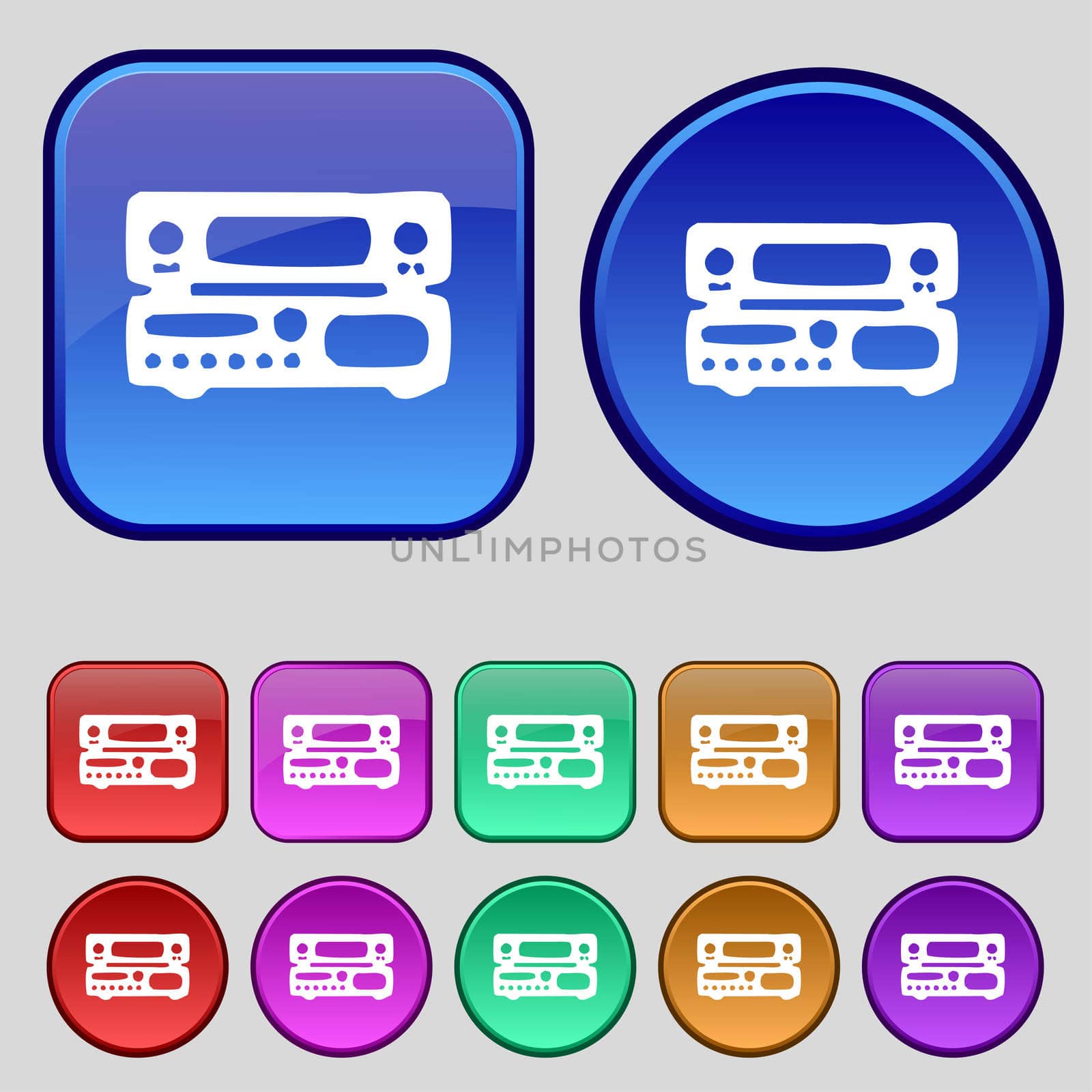 radio, receiver, amplifier icon sign. A set of twelve vintage buttons for your design. illustration