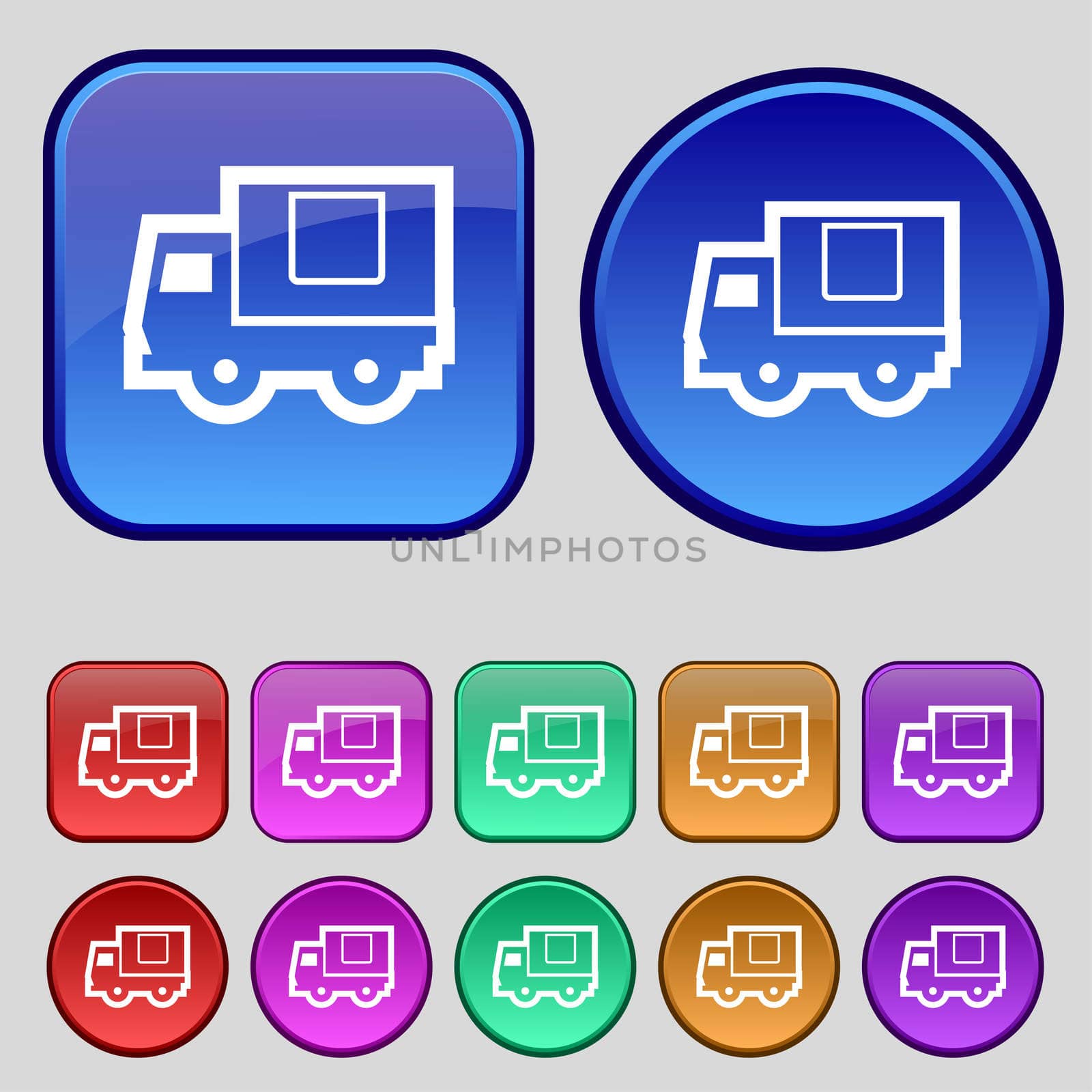 Delivery truck icon sign. A set of twelve vintage buttons for your design. illustration