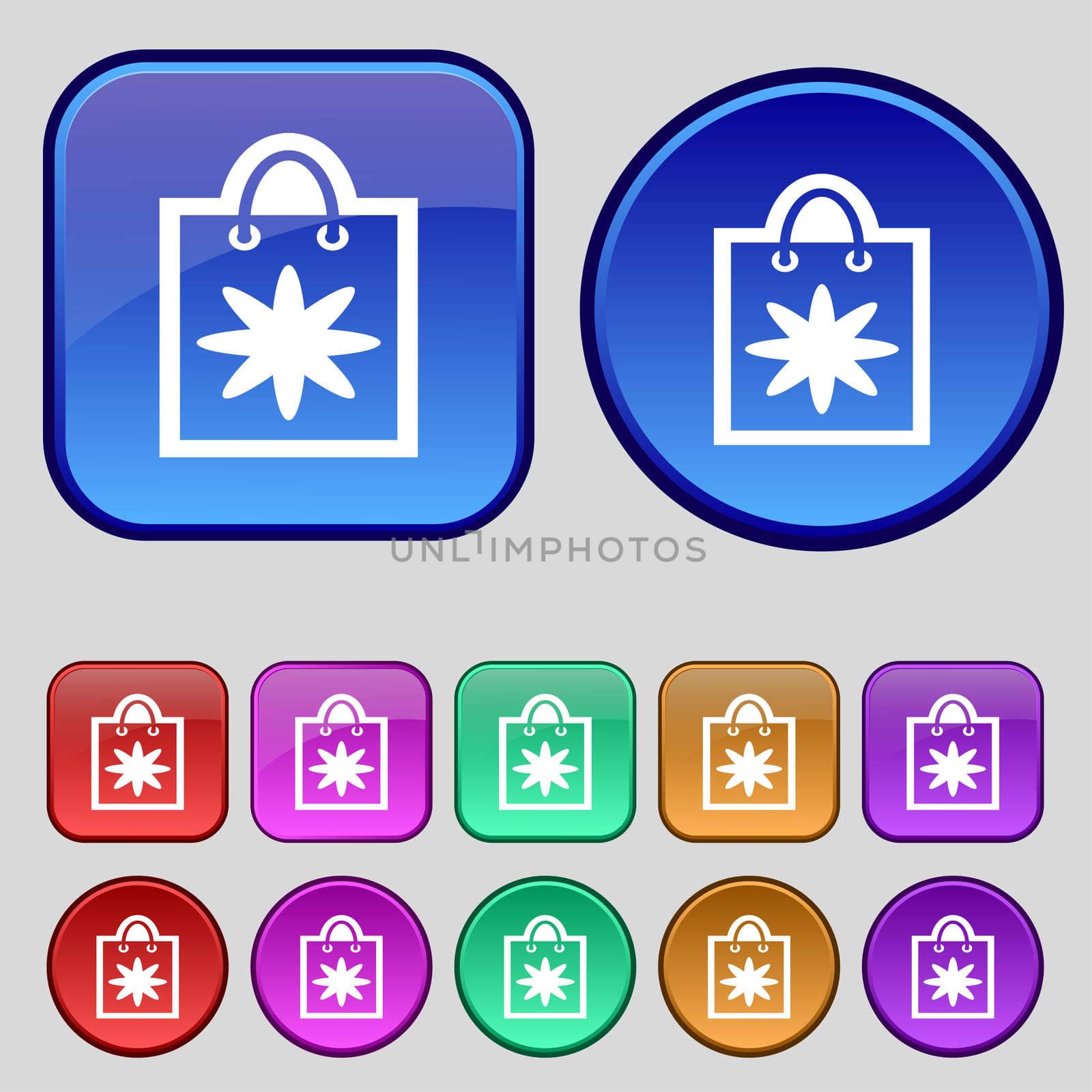 shopping bag icon sign. A set of twelve vintage buttons for your design. illustration