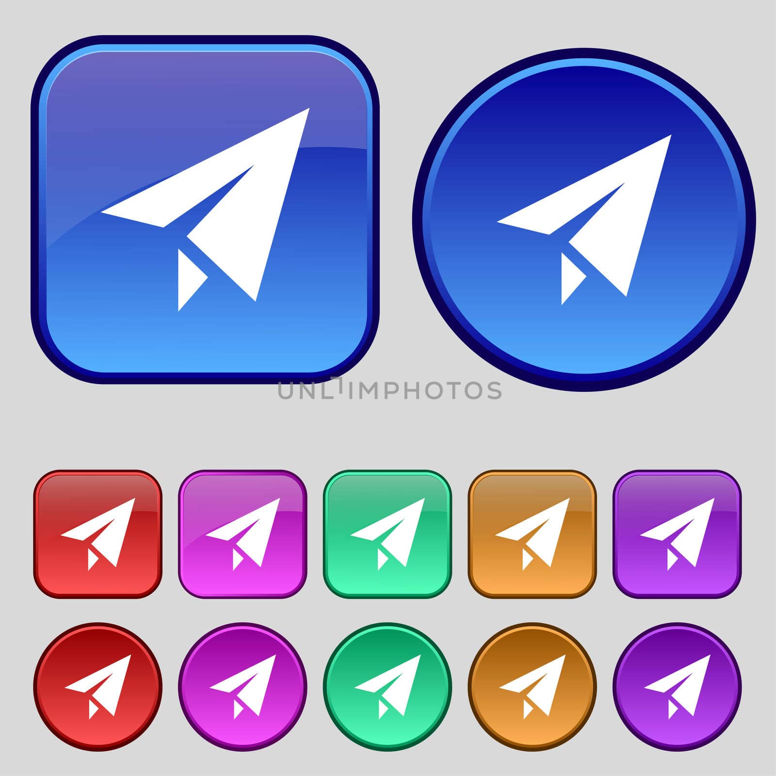 Paper airplane icon sign. A set of twelve vintage buttons for your design. illustration