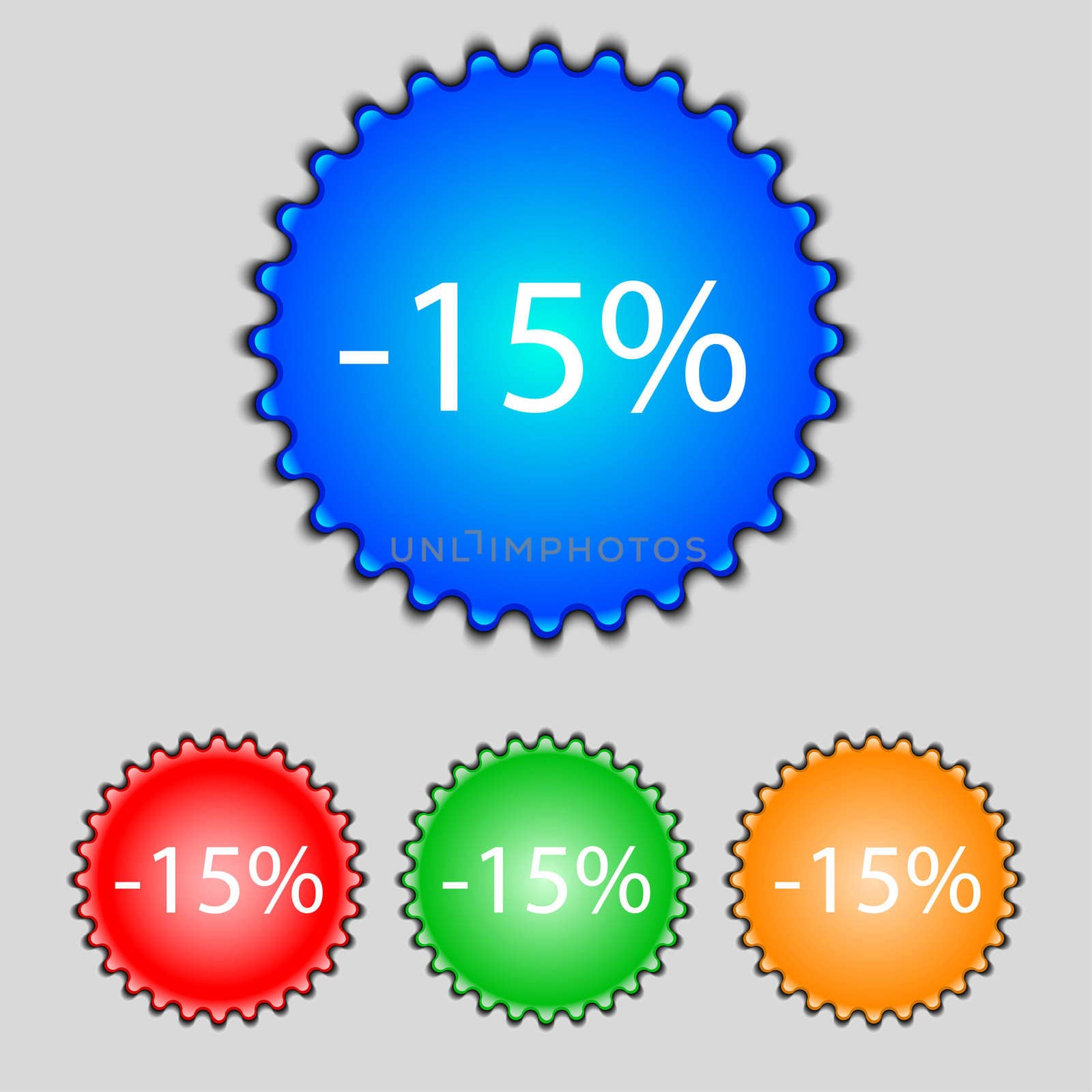 15 percent discount sign icon. Sale symbol. Special offer label. Set of colored buttons illustration