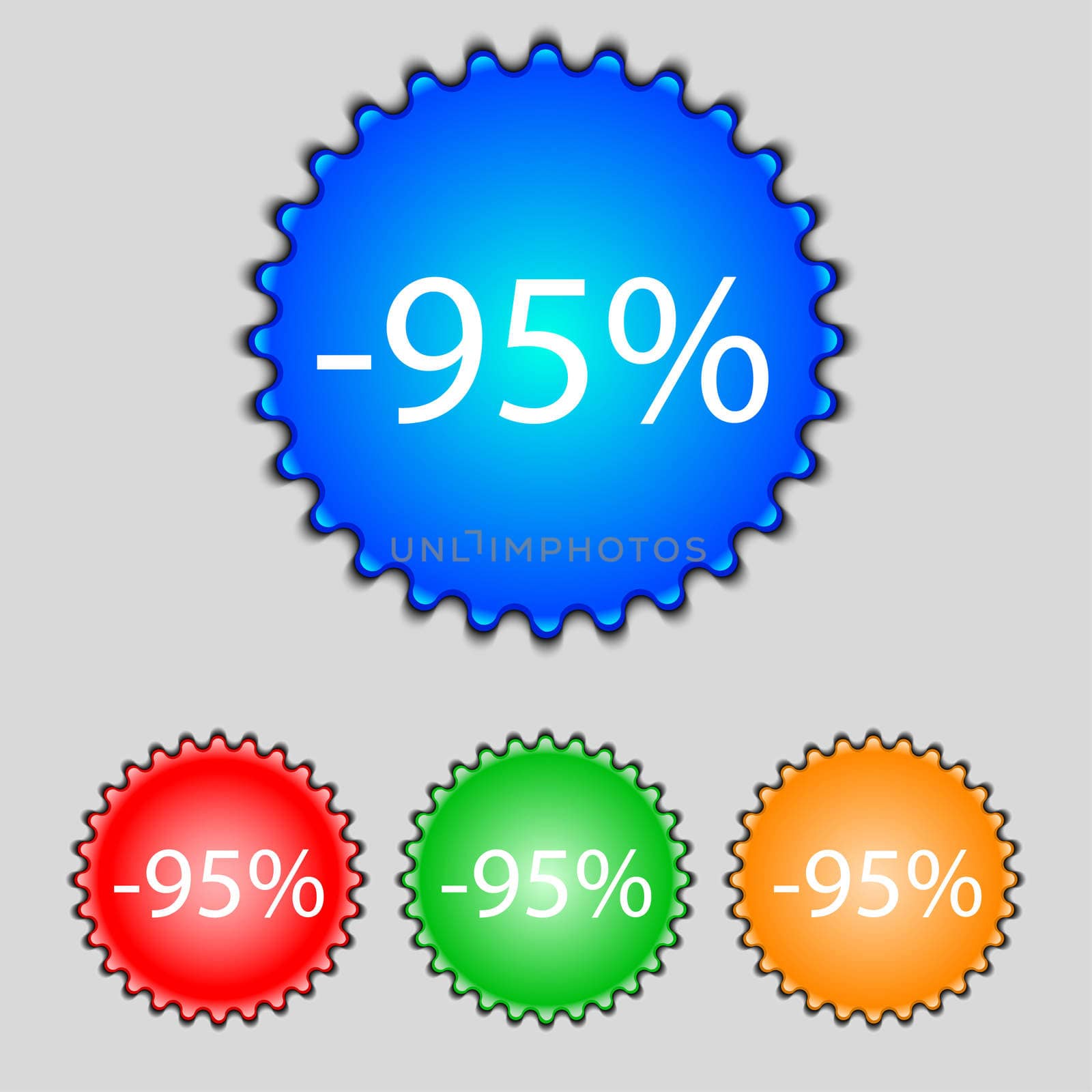 95 percent discount sign icon. Sale symbol. Special offer label. Set of colored buttons illustration