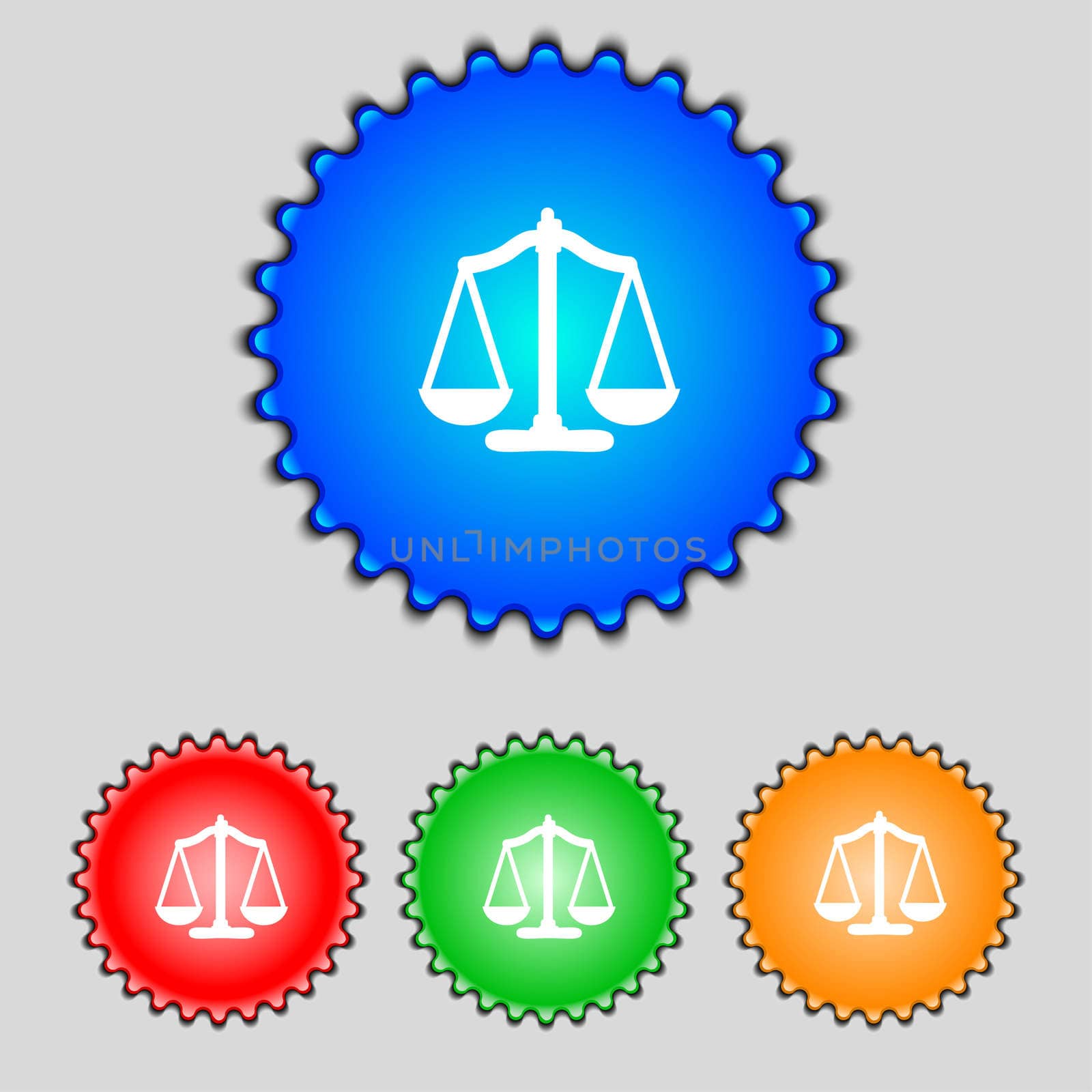 Scales of Justice sign icon. Court law symbol. Set colourful buttons.  by serhii_lohvyniuk