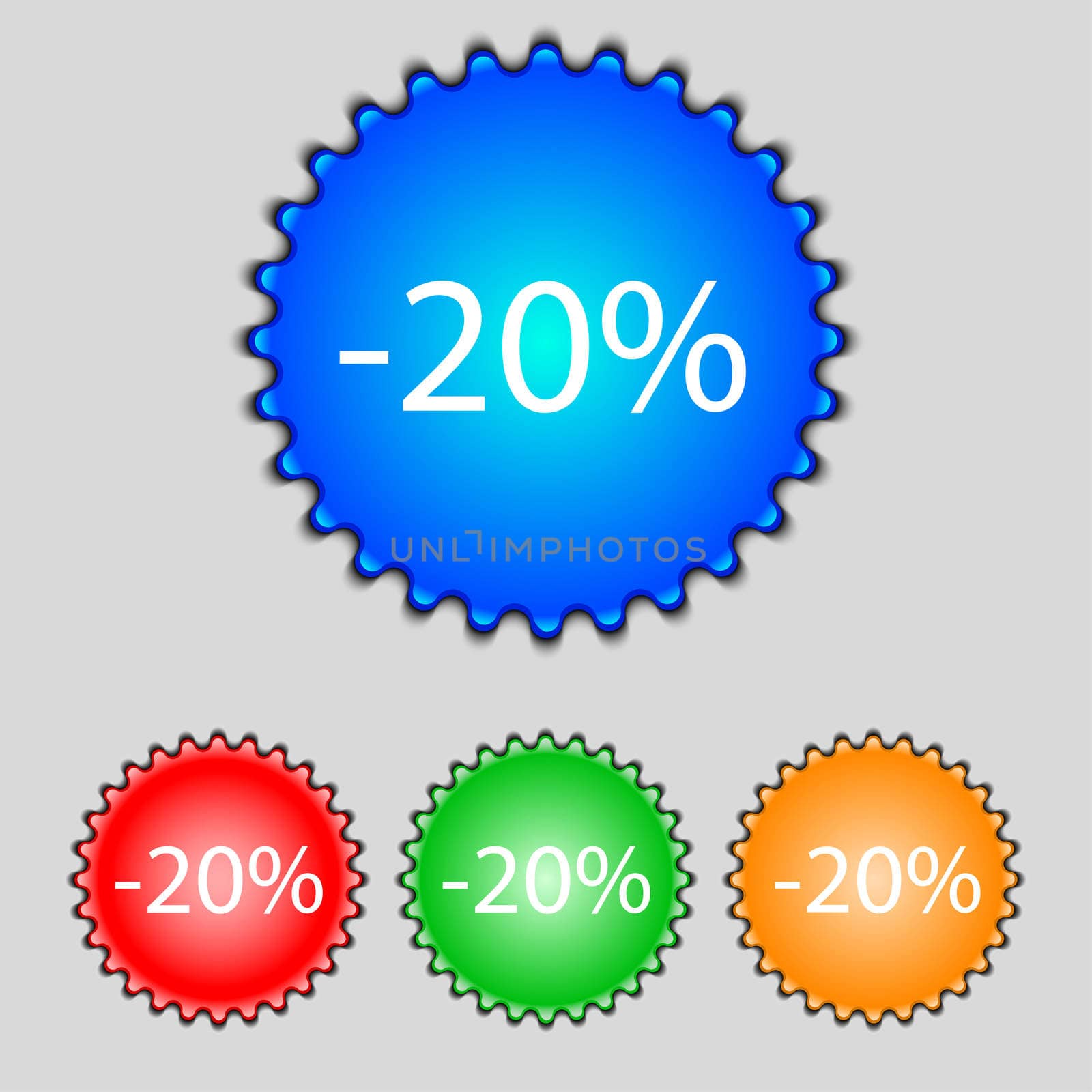 20 percent discount sign icon. Sale symbol. Special offer label. Set of colored buttons  by serhii_lohvyniuk