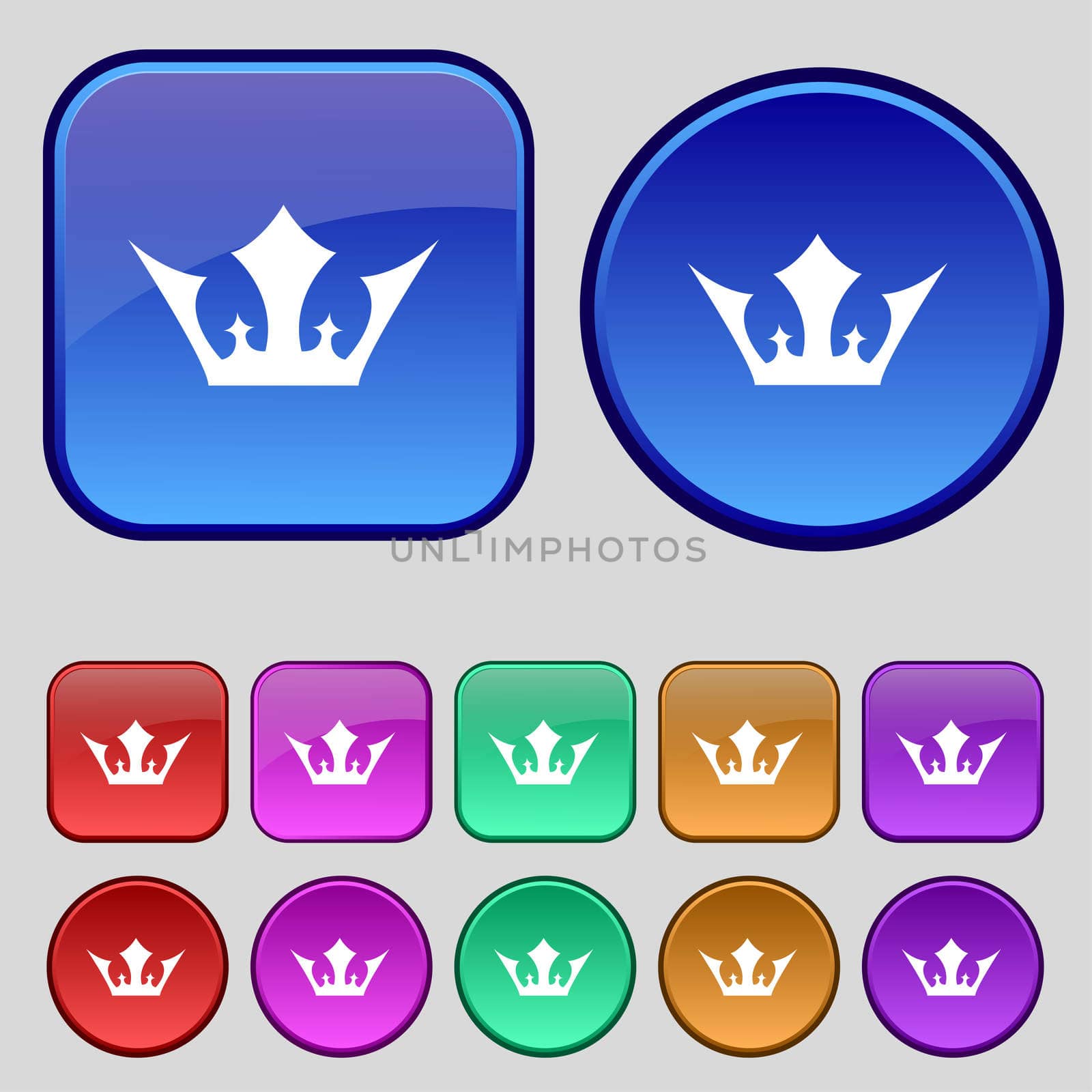 Crown icon sign. A set of twelve vintage buttons for your design. illustration