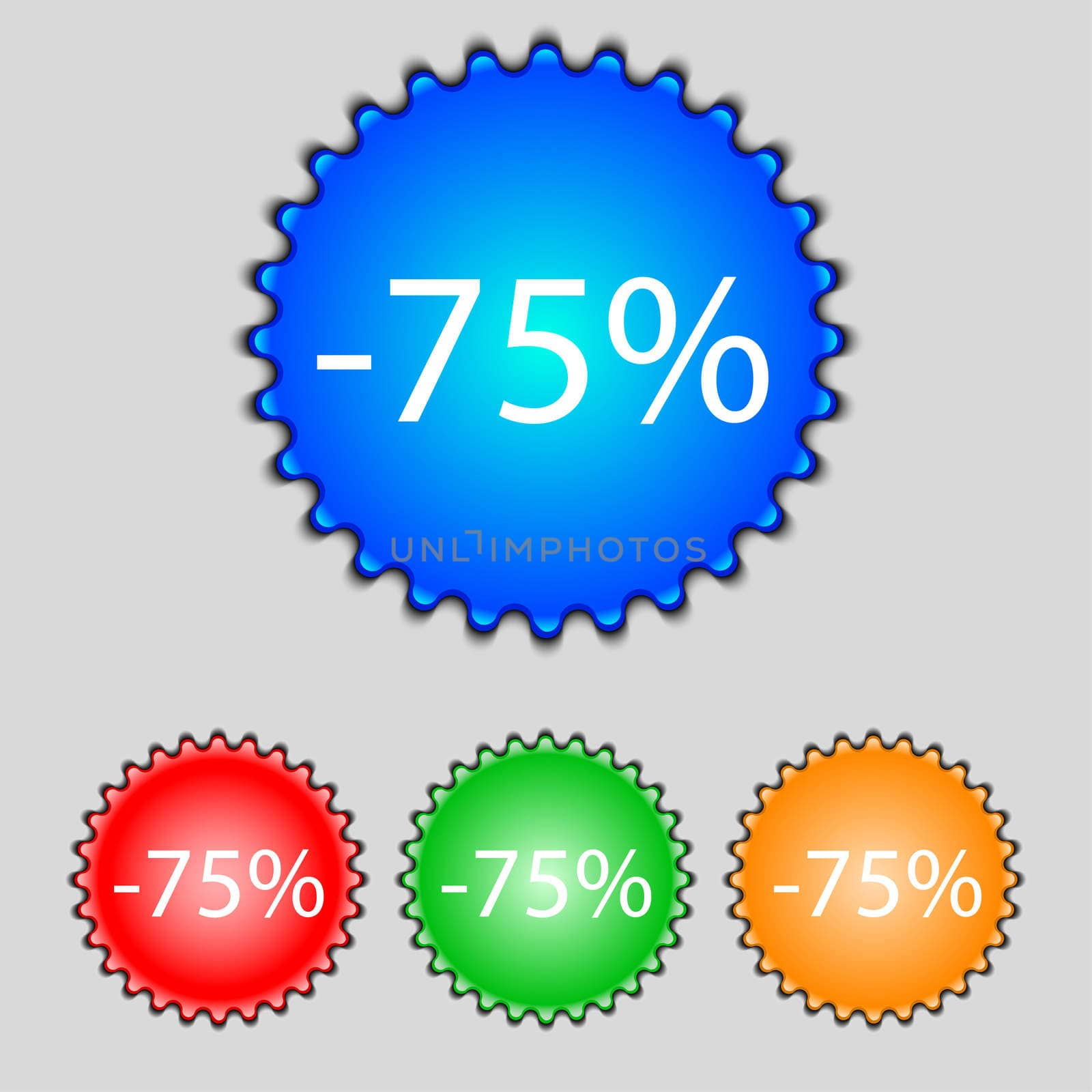 75 percent discount sign icon. Sale symbol. Special offer label. Set of colored buttons illustration