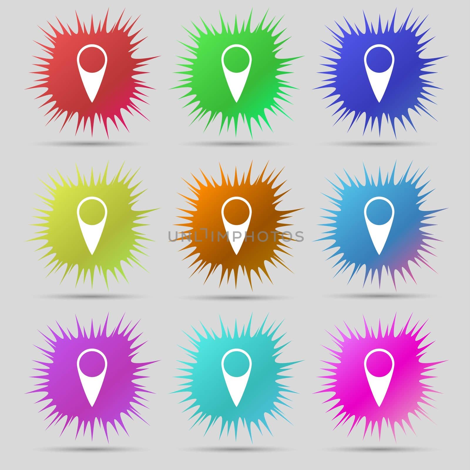 Map pointer icon. GPS location symbol. Nine original needle buttons. illustration. Raster version